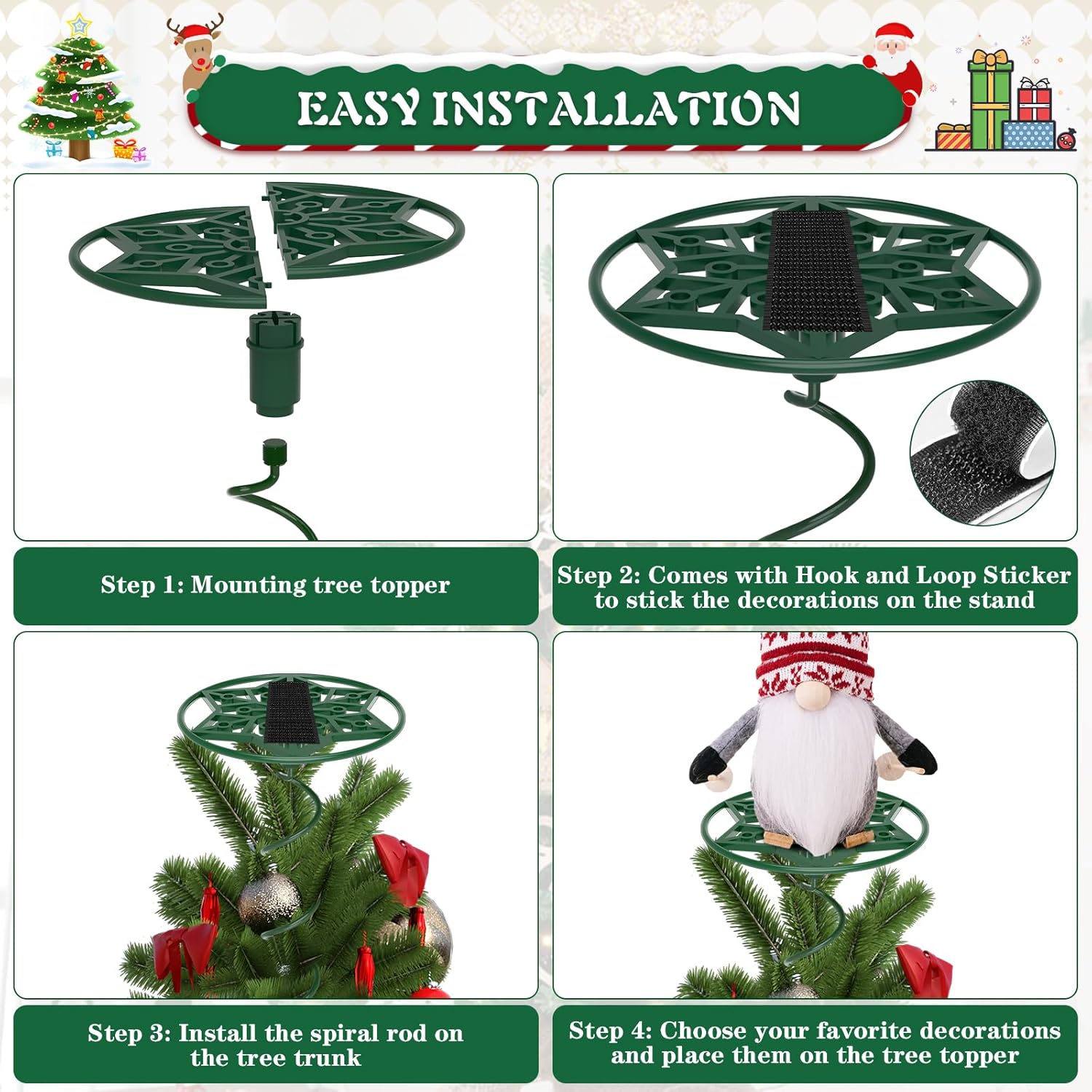 Christmas Tree Topper Holder, Universal Twist On Tree Topper Stabilizer, Christmas Tree Topper Support Stand with Metal Green Support Rod for Stabilizing Tree top Ornaments - Image 3