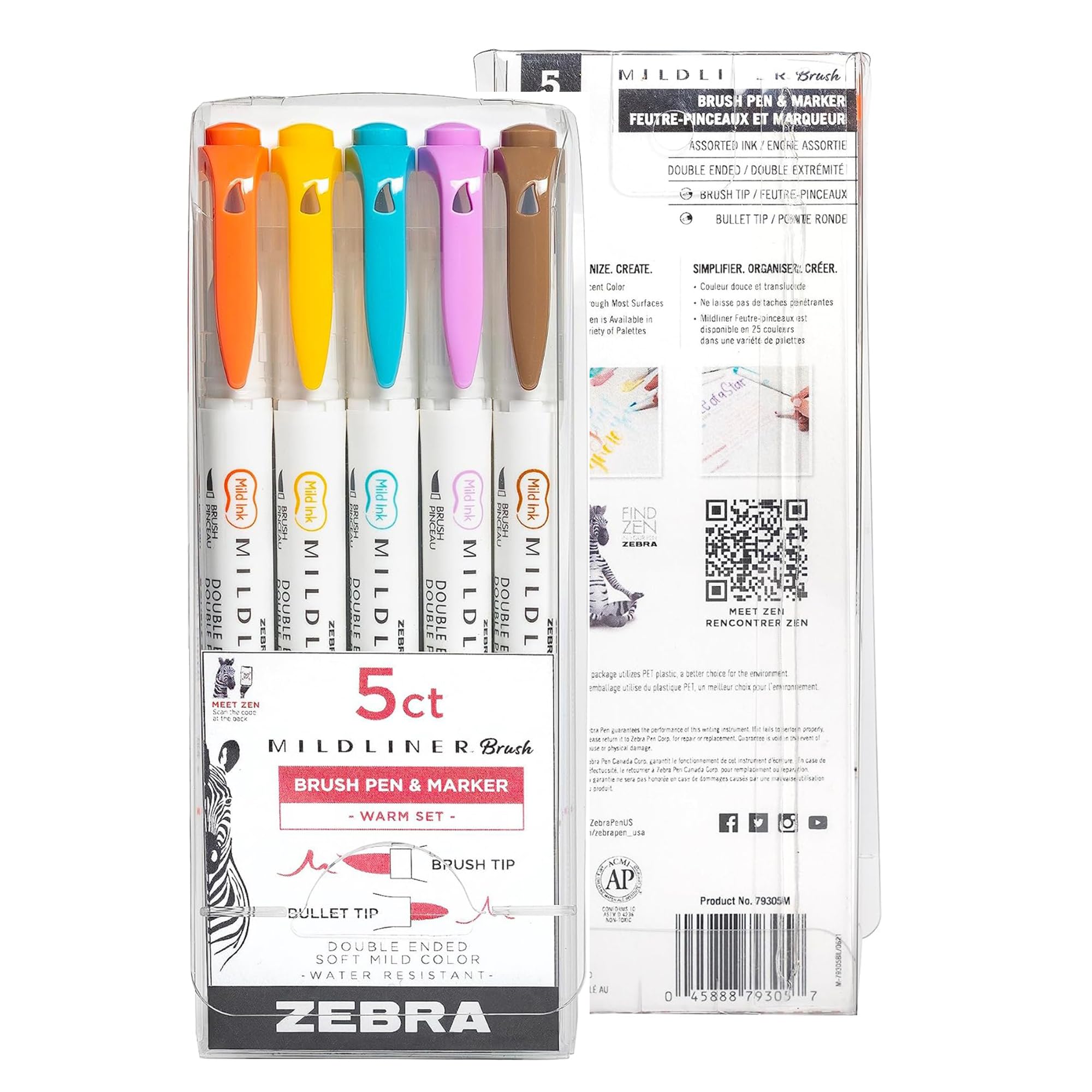 Zebra Double Ended Brush Pen Set, Water Resistant Pigment Ink Fine & Brush Tip Non-Bleed Felt Pens For Adults Journaling Planning Scrapbooking Assorted Colours Pack of 5
