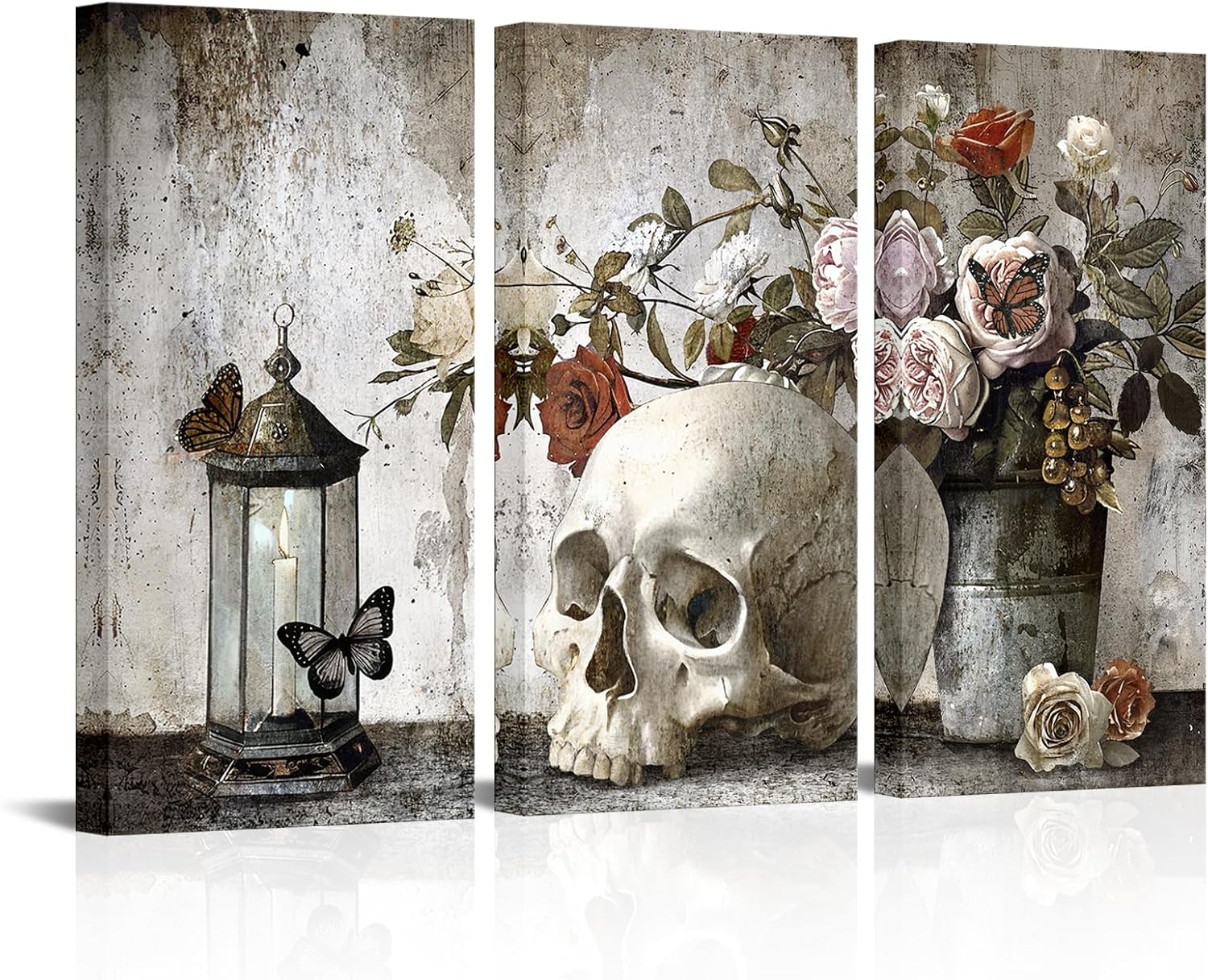 Biuteawal Large 3 Pieces Skull Canvas Wall Art Vintage Skull with Flowers Painting Wall Decor Halloween Day Poster Prints for Home Office Living Room Decor Ready to Hang
