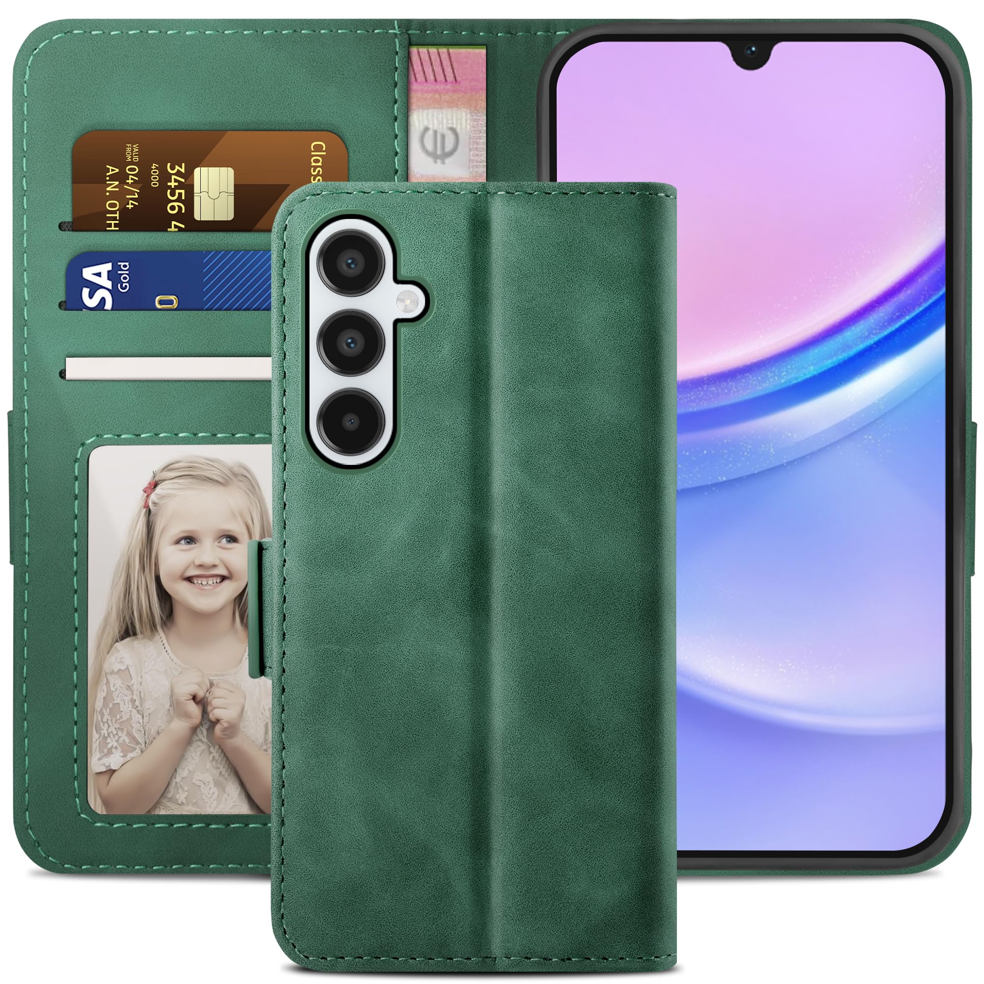 YATWIN for Samsung Galaxy A15 Case, Flip Wallet Leather Case with Card Slot and Shockproof Function Kickstand Phone Cases Cover for Samsung A15 - Pine Green