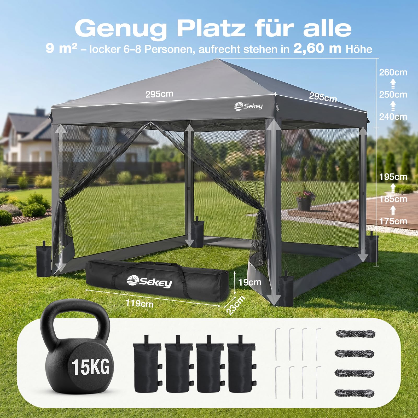 Sekey Pop Up Pavillon 3x3m Wasserdicht Stabil Winterfest mit moskitonetz, Höhenverstellbar Gartenpavillon mit 4 Seitenwänden, Faltpavillon 3x3 mit 4 Sandsäcke, (Grau-Insektenschutz)
