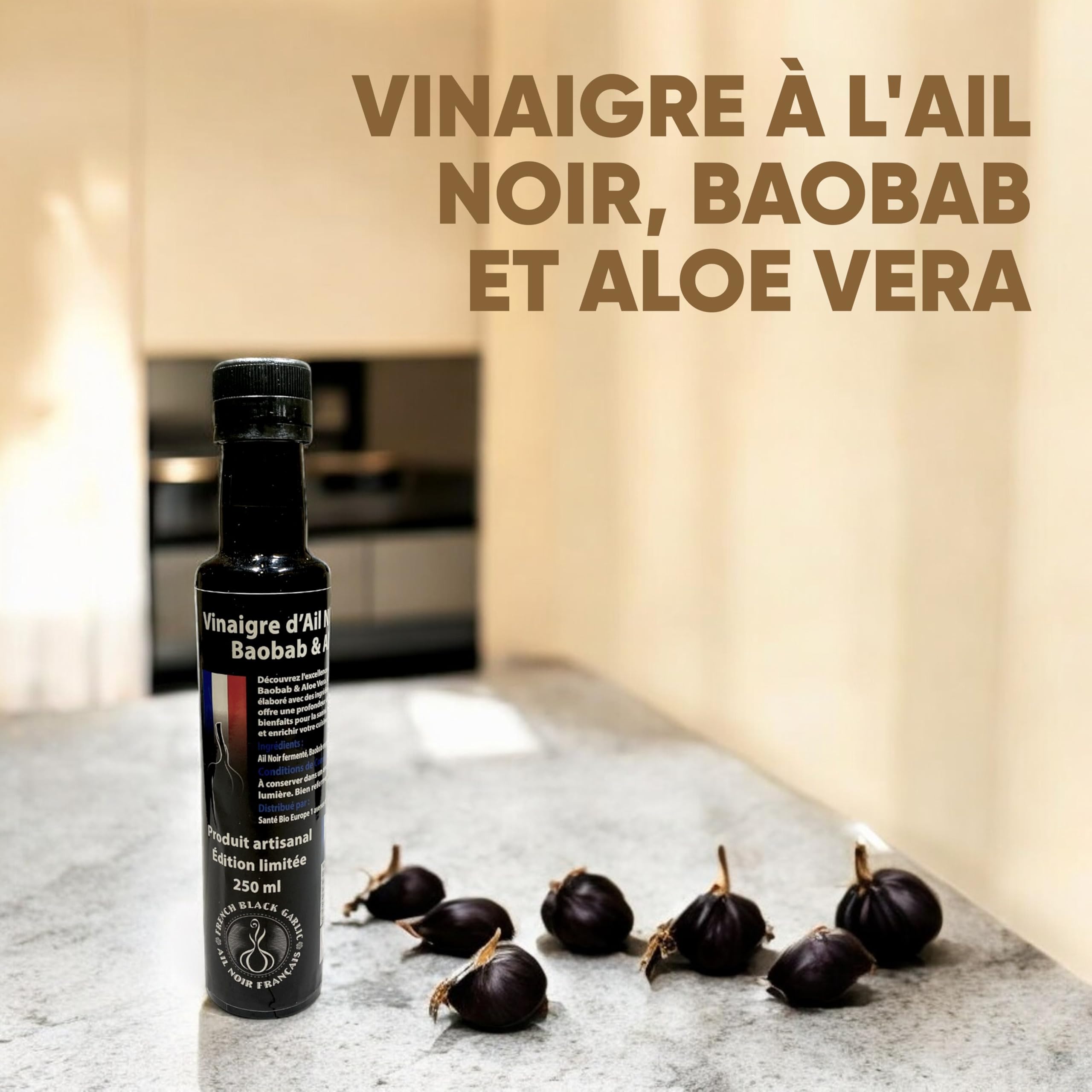 French Black Garlic - Vinaigre à l'Ail Noir, Baobab et Aloe Vera - Ingrédient Culinaire de Prestige - Antioxydant Naturel, Riche en Vitamines et Oligo-Éléments - 250ml