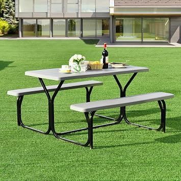 Moccha Picnic Table Bench Set - Portable Plastic Picnic Table w/Steel Frame & Wood-Like Texture, All Weather Heavy Duty Picnic Table Kit, Picnic Tables for Outdoors Garden Patio Party Dining Grey