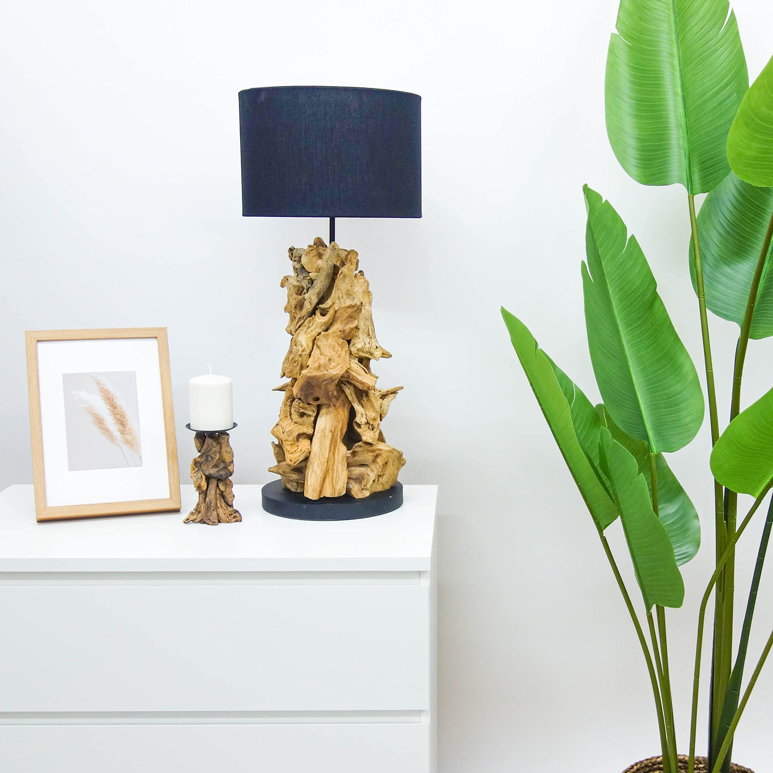 AquaOne Lámpara natural I de madera, lámpara de pie, lámpara de mesa de madera natural, rústica, decoración de muebles de madera, lámpara de pie, hecha a mano con raíz única, pantalla en negro (Tokio)