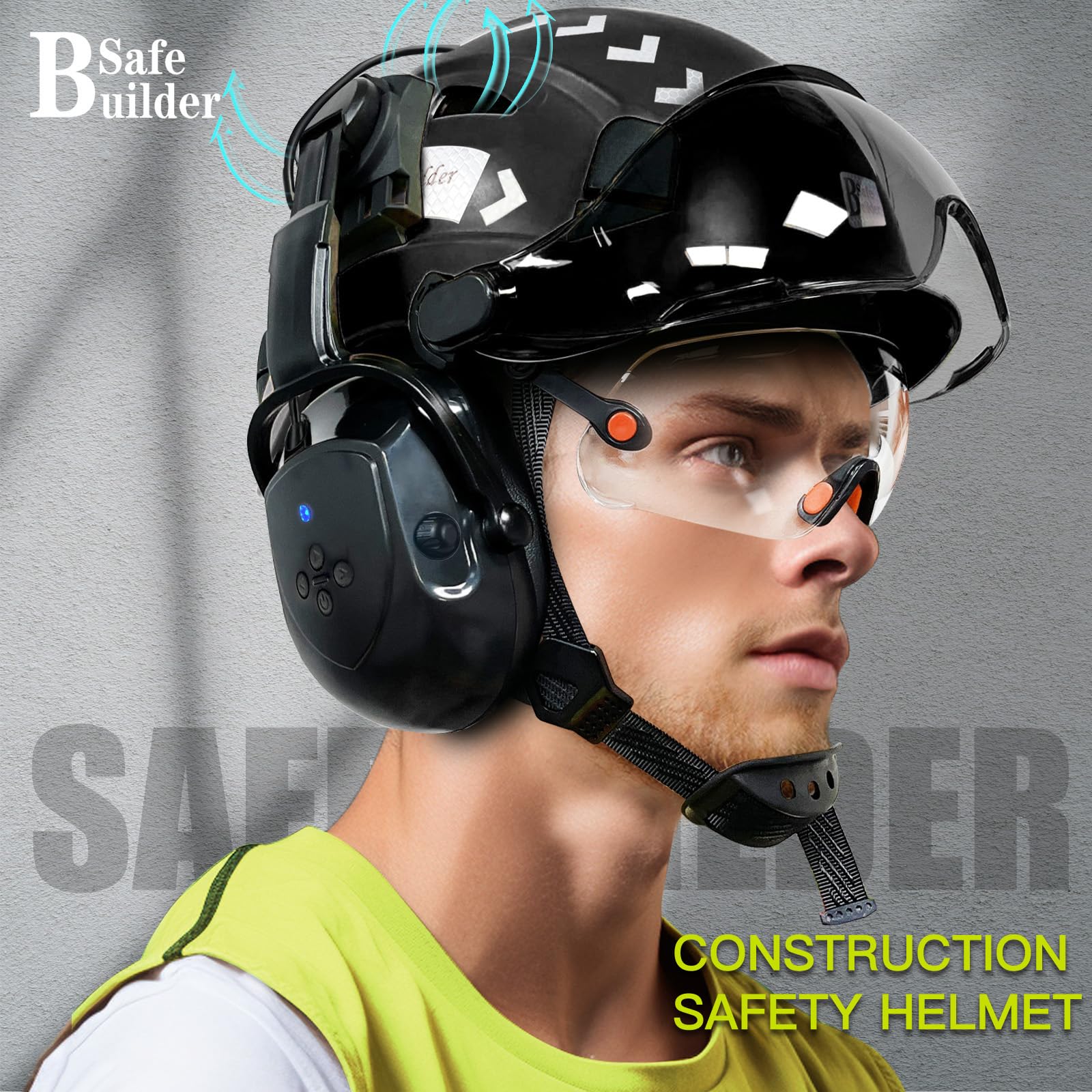 SAFEBUILDER Casco de seguridad con visera Bluetooth SNR 26dB casco duro con viseras montadas, orejeras ventiladas ANSI Z89.1