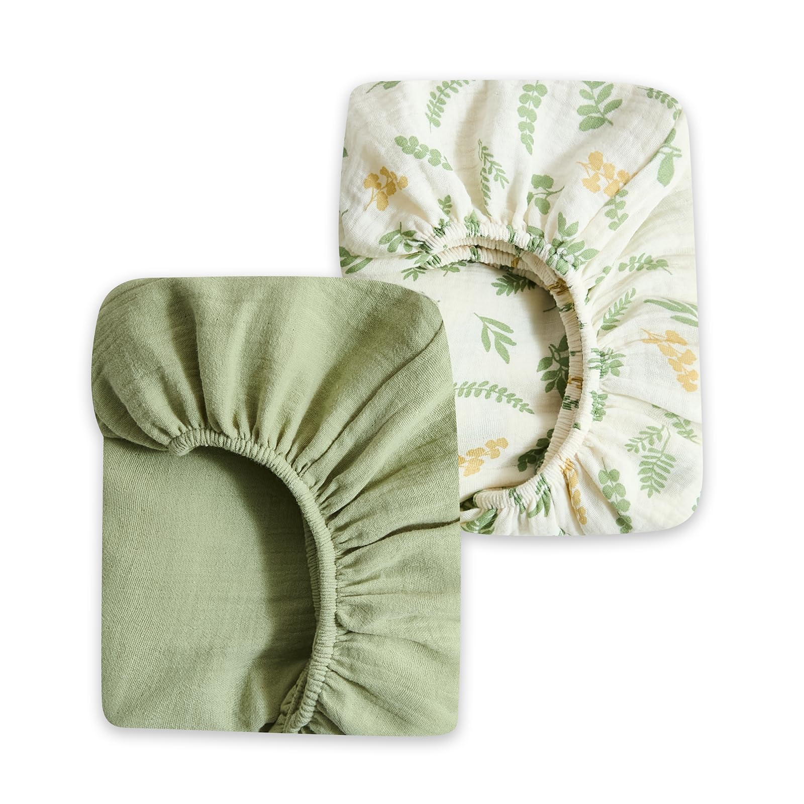 2er Set Kinder Spannbettlaken Musselin-Baumwolle 100% Baumwolle Baby-Bettlaken 80x40cm Reisebett Spannlaken Beistellbett Leintücher, Grün-Blätter