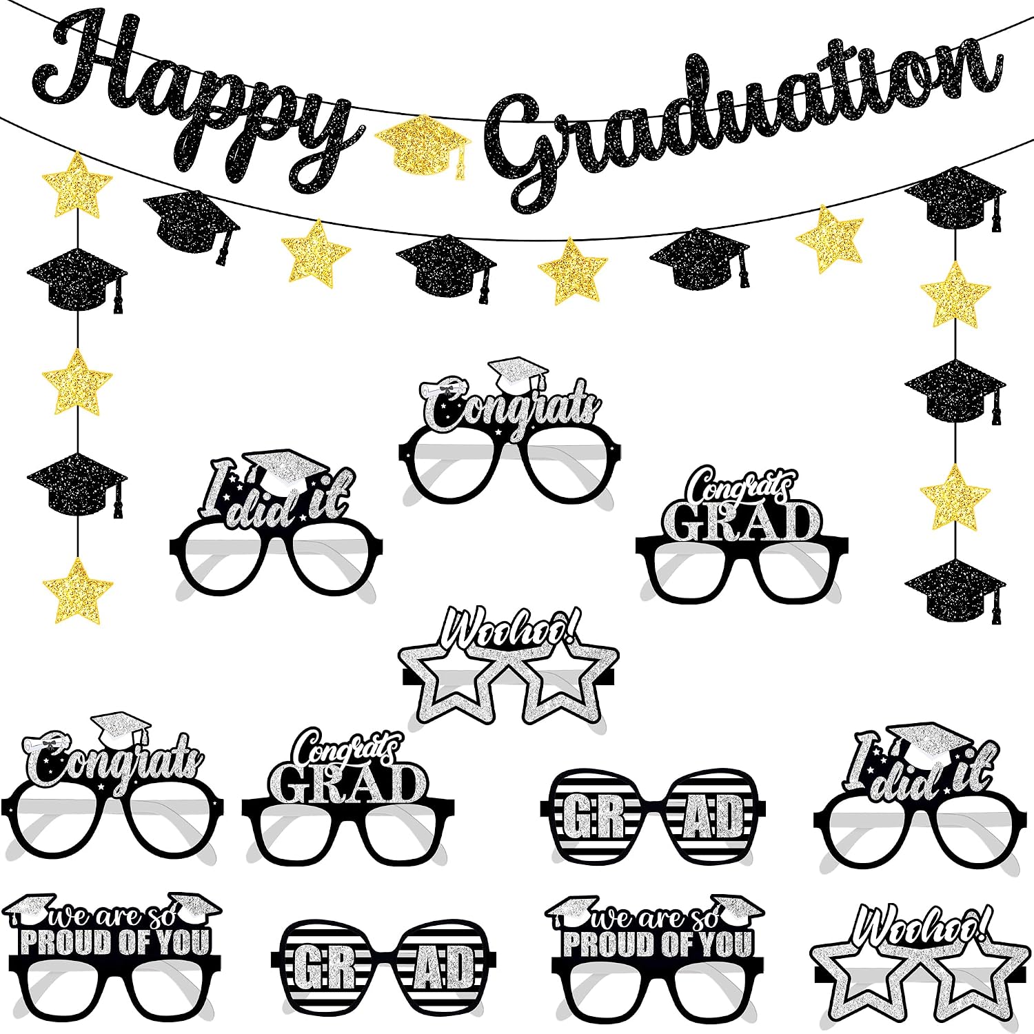 KatchOn, Glitter Happy Graduation Banner - No DIY, Pre-Strung | Silver Graduation Eyeglasses 2026 - Pack of 12 | Happy Graduation Sign for Graduation Party Decorations 2026 | Silver Graduation Glasses