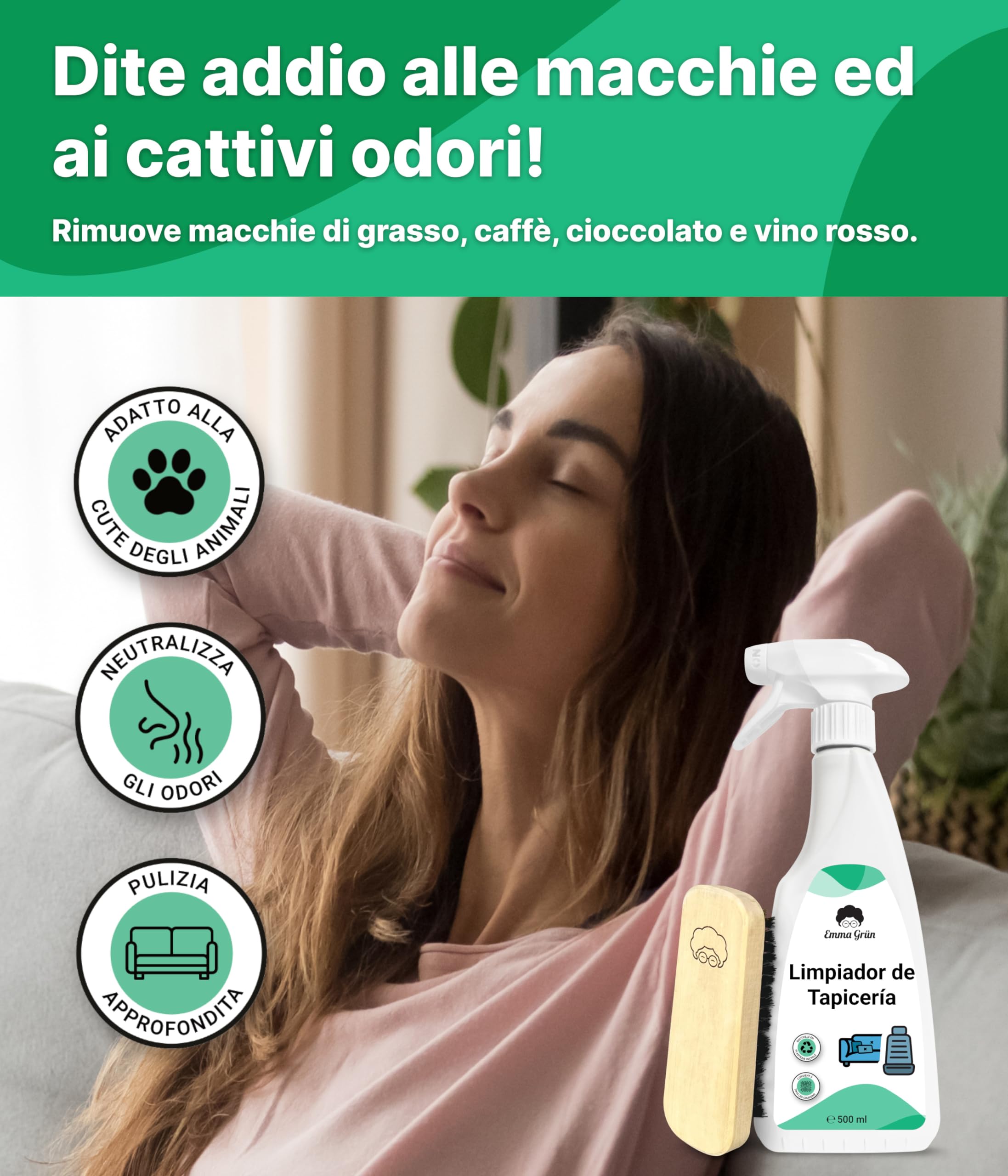 Emma Grün® Pulisci Divano e Sedili Auto Tessuto 500ml [+Spazzola] - Smacchiatore a Secco per Tessuti