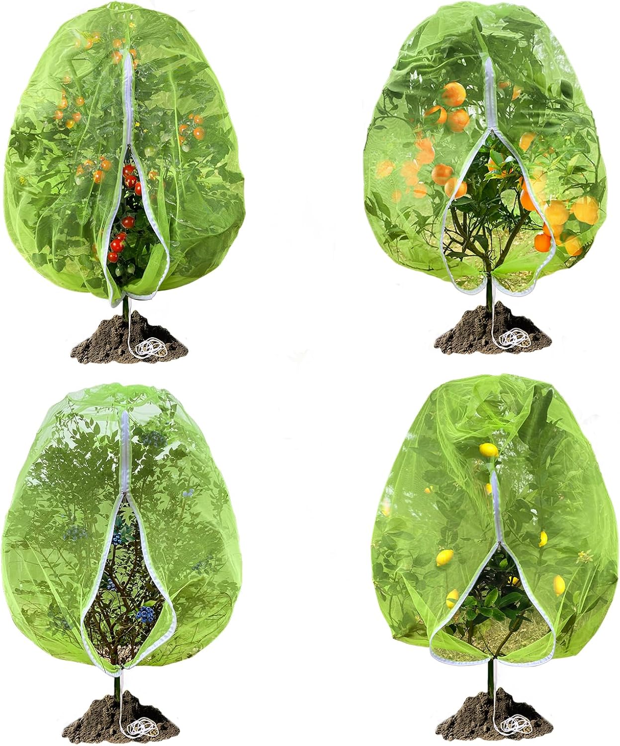 Fruit Tree Netting, RIFNY 5.84 X 3.9 FT and 3.9 X 3.3 FT Blueberry Bush Netting Cover with Zipper Drawstring, Mosquito Net Garden Netting Protector Plant from Birds Cicadas Insect (4 PCS, Green)