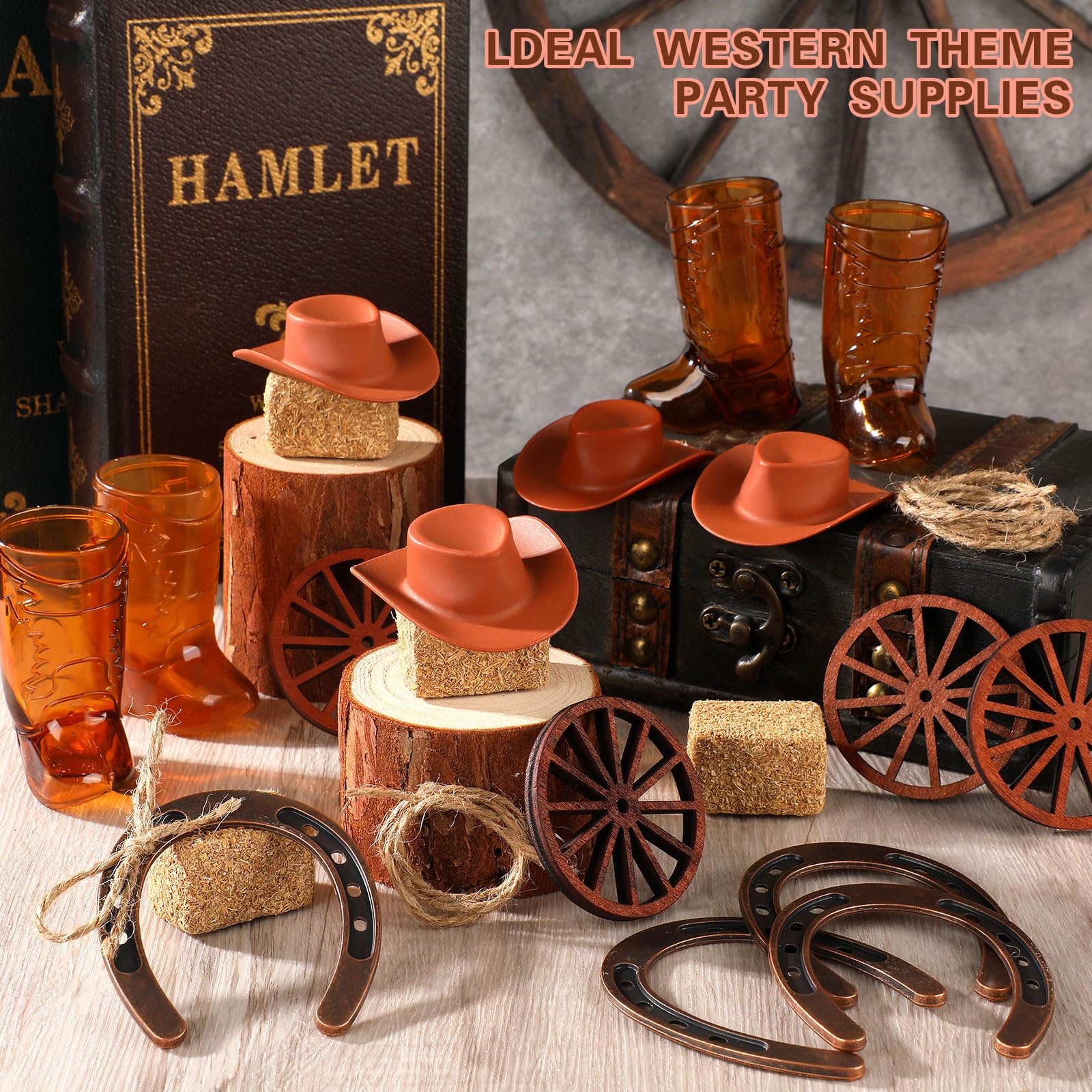 24 decorazioni per feste a tema cowboy, centrotavola per feste a tema cowboy, mini cappello da cowboy, lanterna, ferro di cavallo, ruota di carro, balle di fieno, per matrimoni occidentali, compleanni