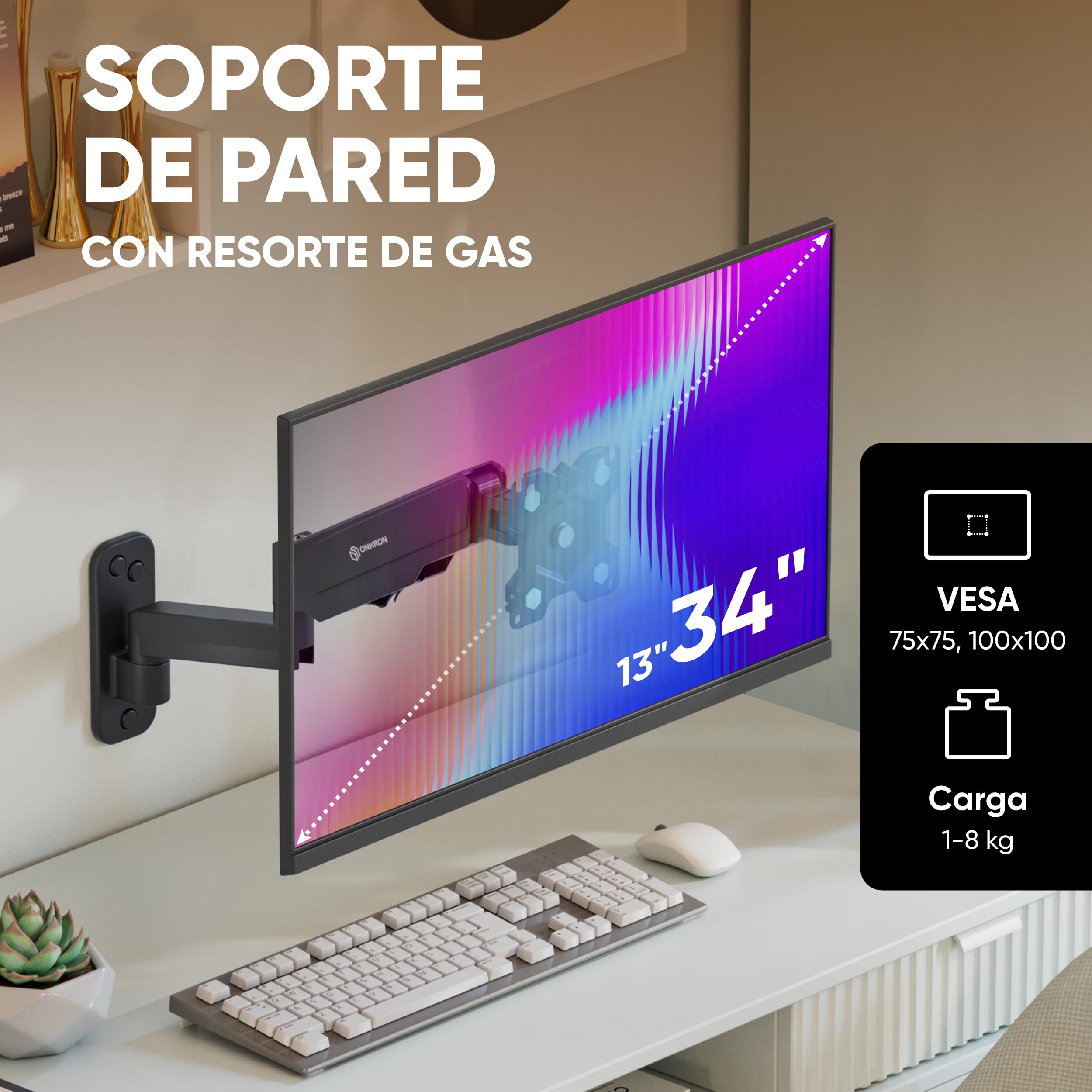ONKRON Soporte TV Pared 13-34 Pulgadas, hasta 8 kg, Brazo TV VESA 75x75-100x100 mm, Colgador Television Pared Inclinable y Giratorio, Soporte Pantalla Articulado, Universal, Ajustable, Negro G150-B