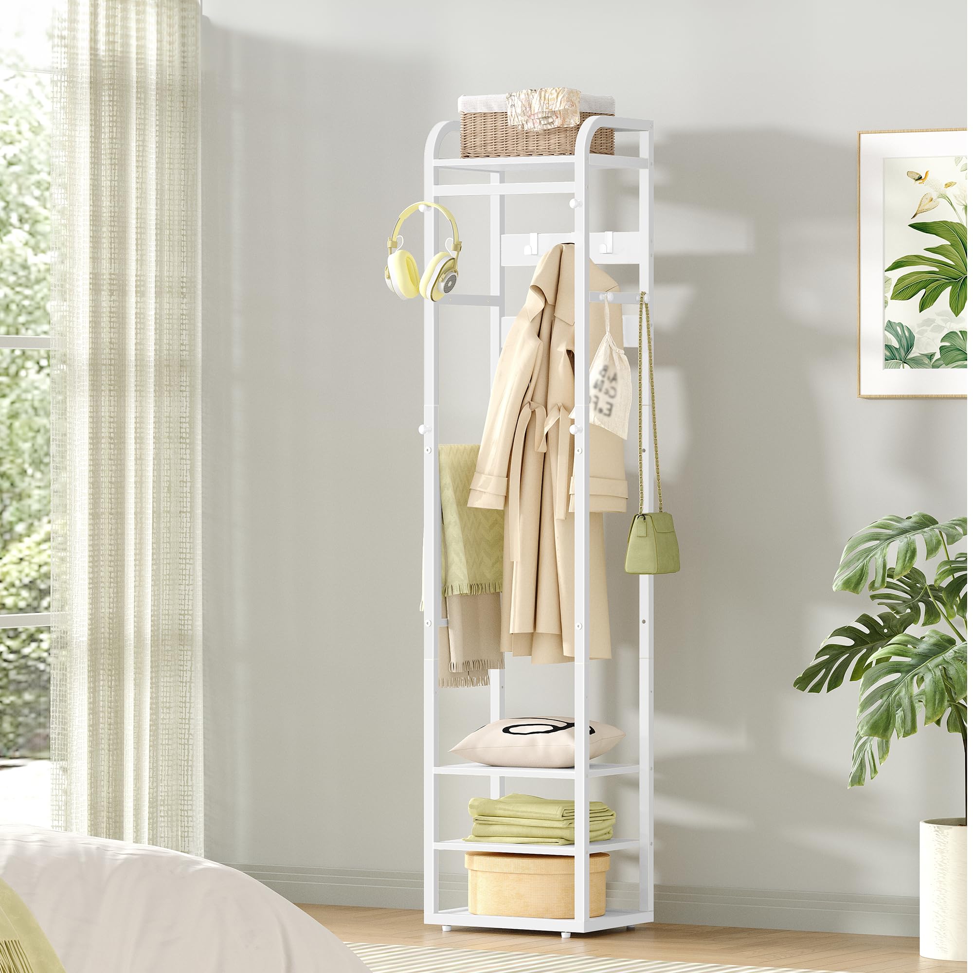 HEXCELEN Garderobenständer, Kleiderständer mit 4 Ablagen und 13 Haken, Aufbewahrungsregal mit Umkehrbaren Ablagen, Garderobe, 30 x 40 x 186 cm, für Schlafzimmer, Wohnzimmer, Flur, Weiß