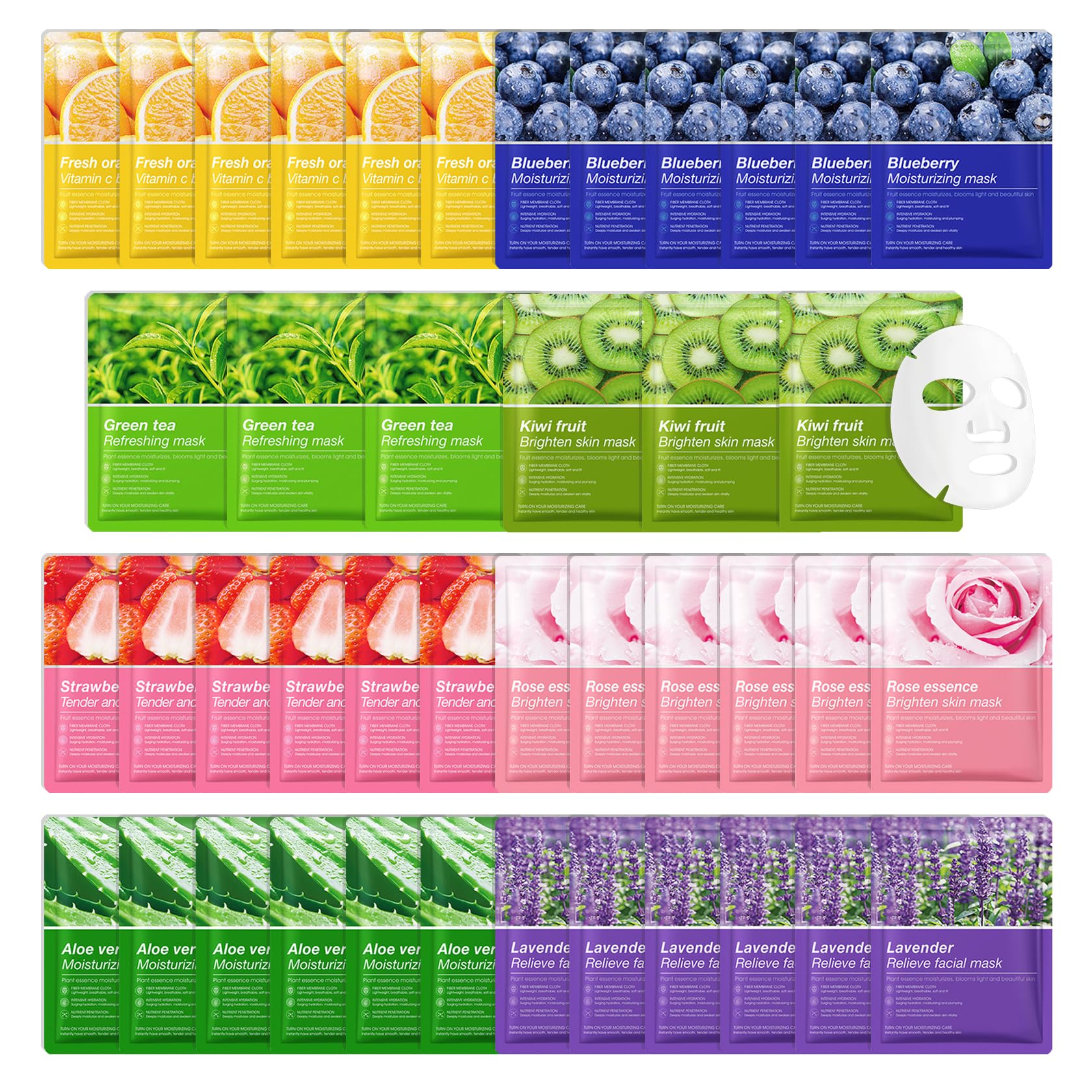 42 Pack Sheet Face Mask Variety Set,Deep Moisturizing Facial Mask