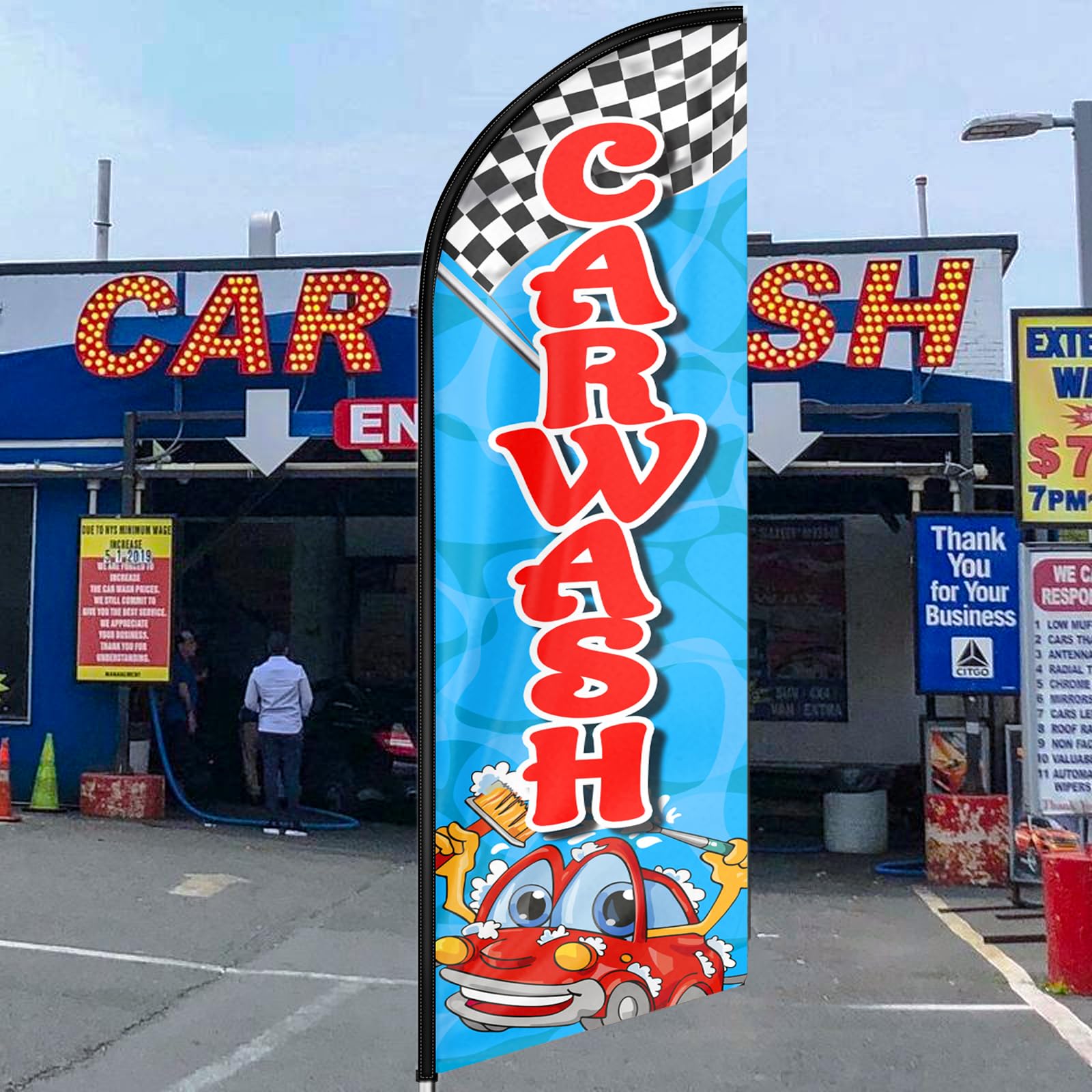 Drapeau publicitaire de lavage auto avec mât rotatif 3,4 m et piquet grand vent