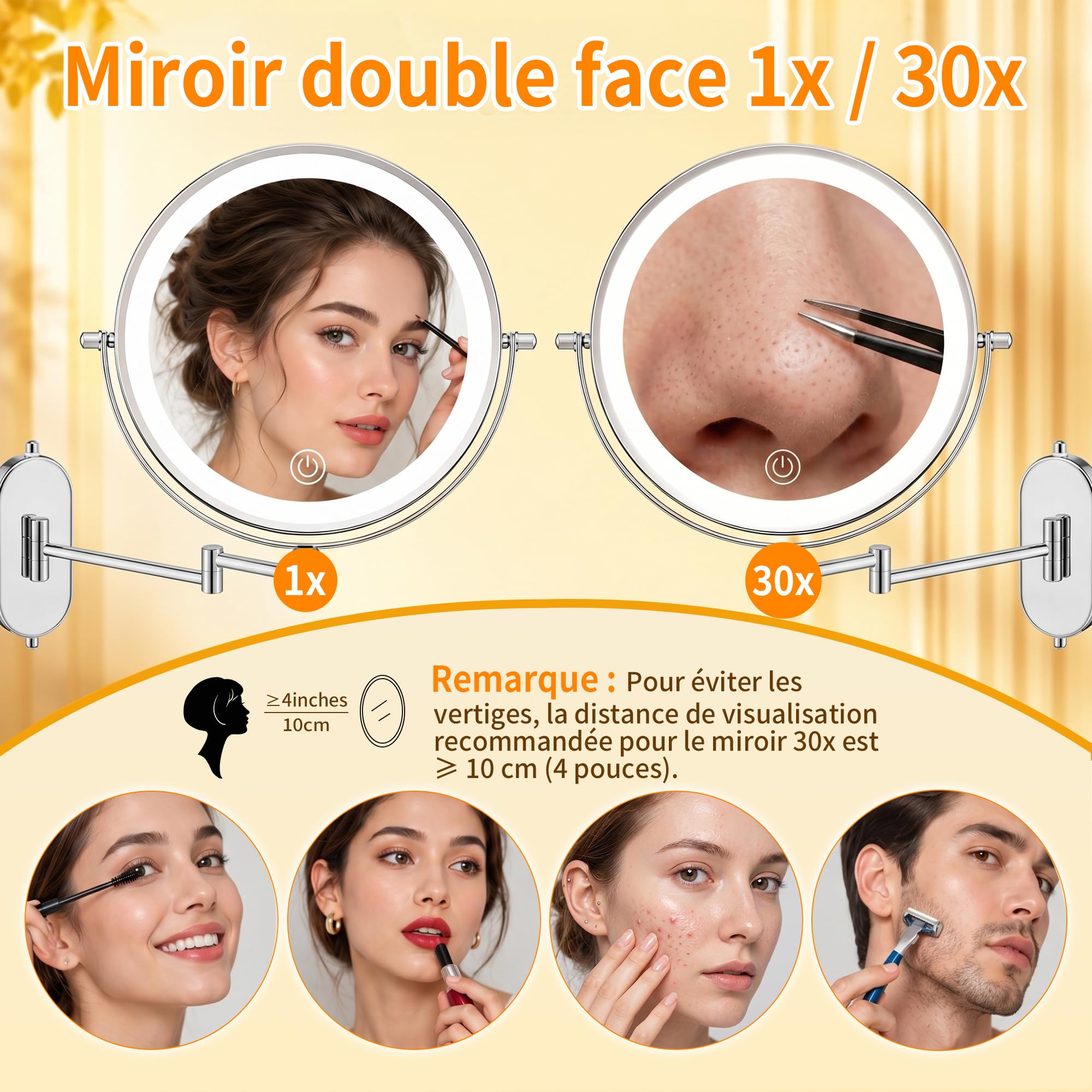 ICARE Miroir Grossissant Mural 30X/1X – 8 inch Miroir Grossissant Lumineux Mural – 3 Températures de Couleur Ventouse – Rotation 360° – Batterie Rechargeable 4000mAh – Idéal Salle de Bain, Maquillage