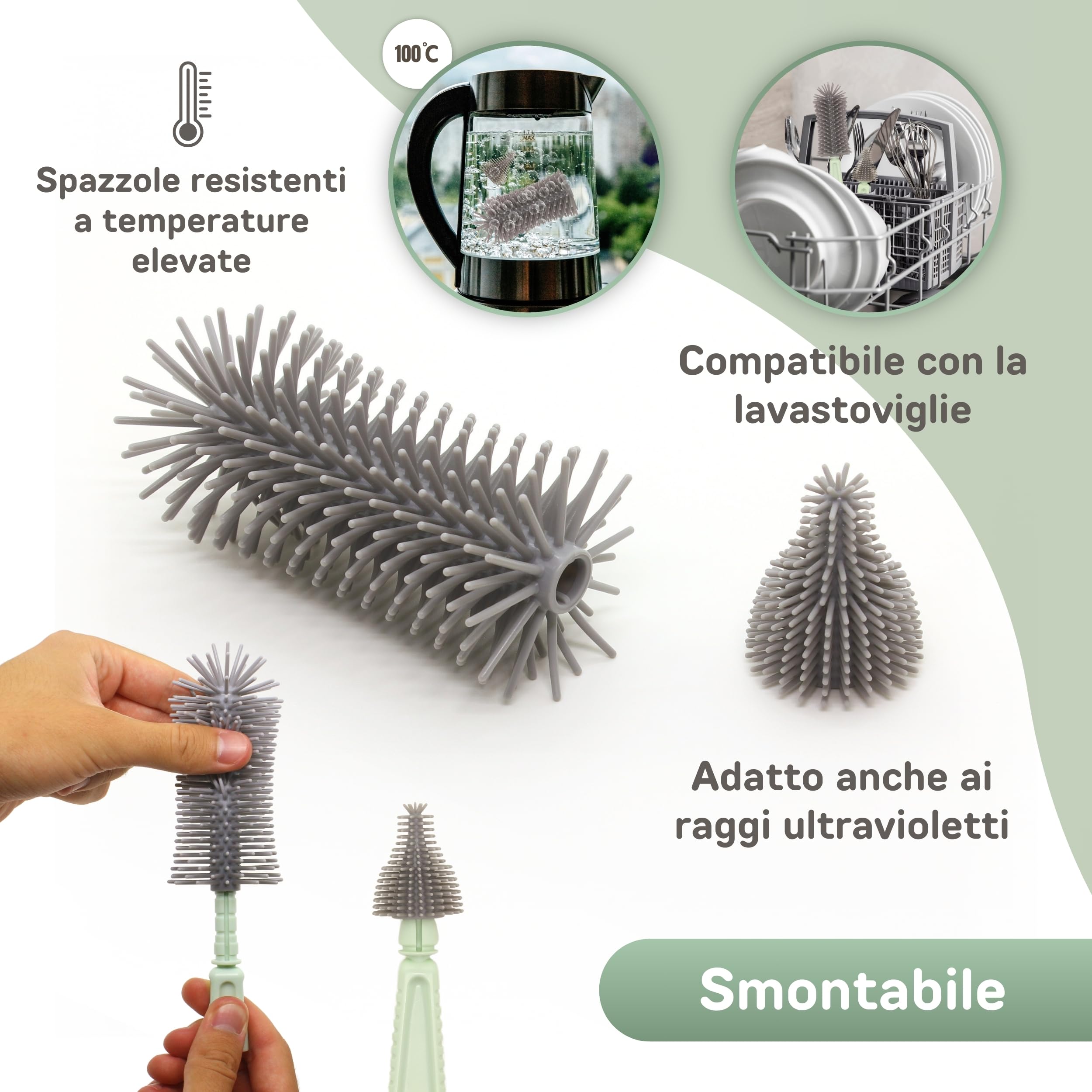 BELLEBEBE Set Escurre Biberones con Limpia Biberones - 6 en 1 Kit Cepillo Limpia Biberones con escurre biberones Plegable - Portatil - Transportable - Regalo para Bebe - SIN BPA - Verde