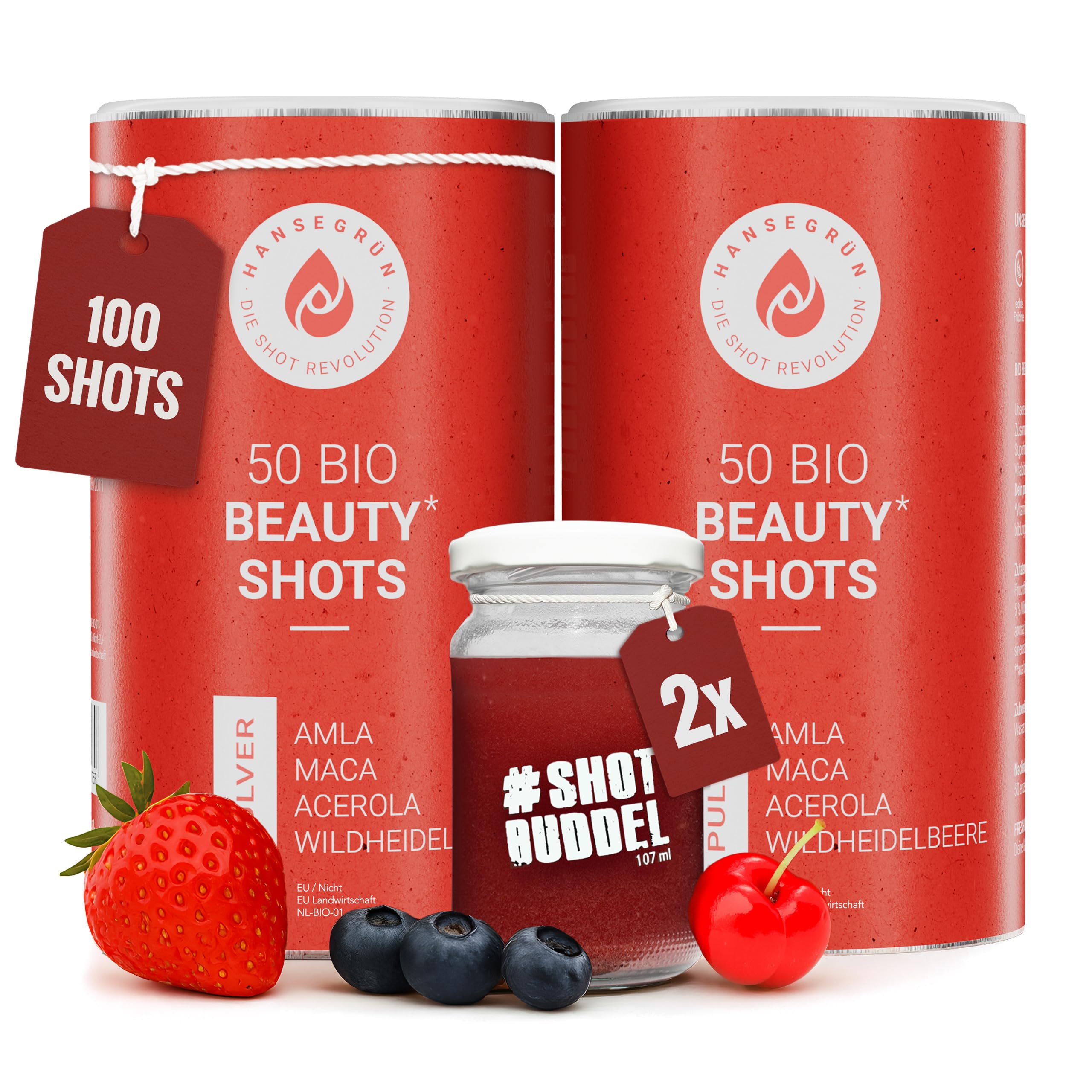 Hansegrün - 2x Bio Frauen Beauty¹ Shots (100 Stk.) - Superfood-Pulver für Frauengesundheit² & Kollagenbildung¹  - Amla-Fruchtfleisch, Maca & Acerola - 100% echte Zutaten zur täglichen Zubereitung