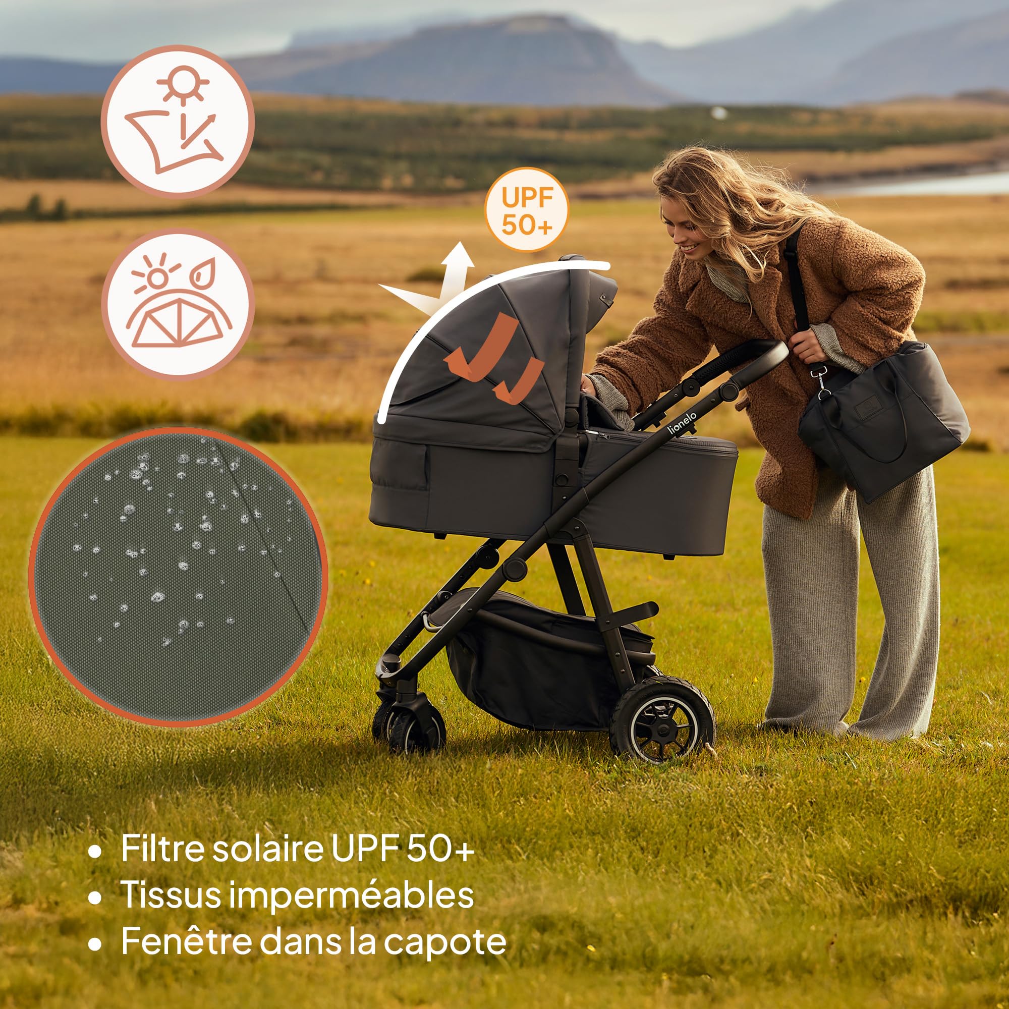 LIONELO Amber Plus - Poussette 2-en-1 0 à 4 ans jusqu'à 22 kg avec baignoire, dossier réglable, harnais 5 points, grandes roues 360o, housse XXL, landau (Green)