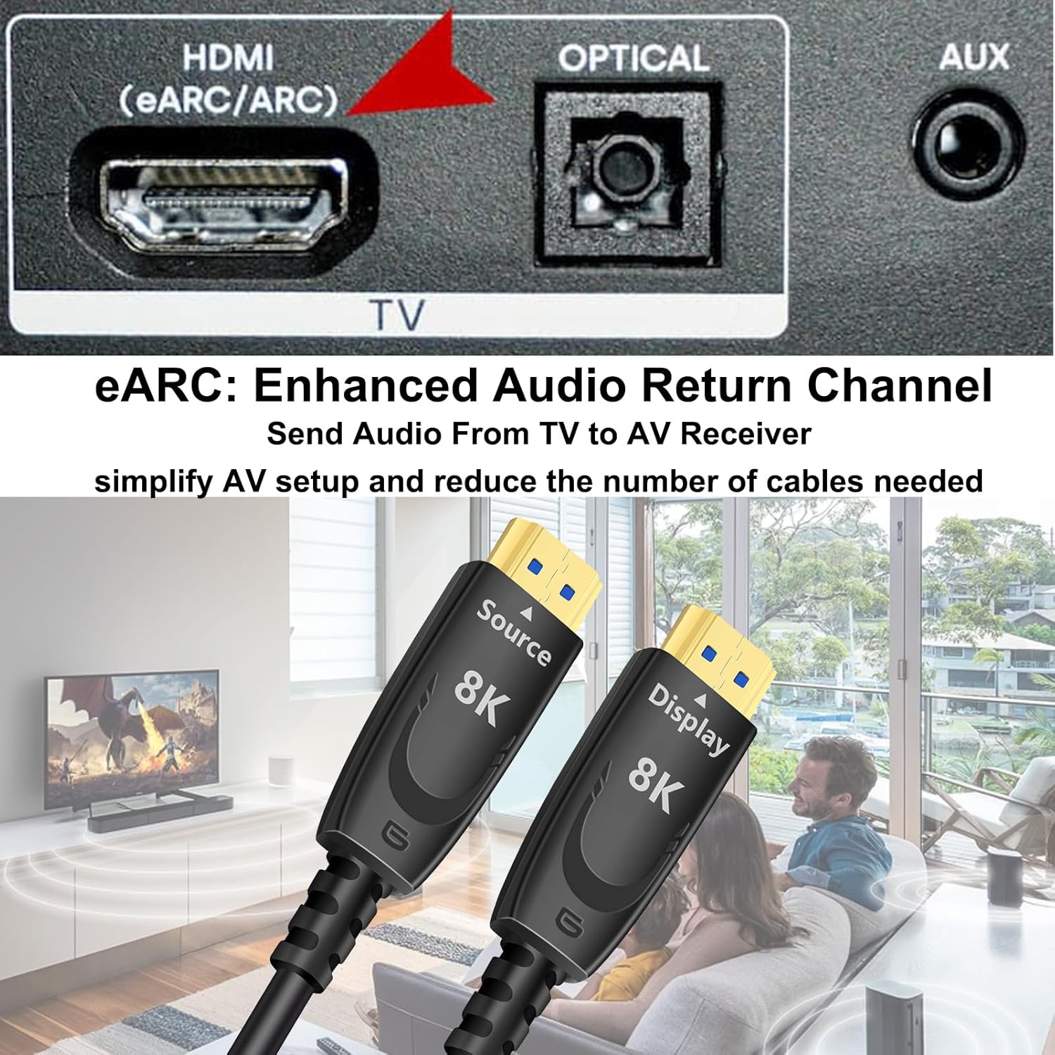 DTECH 8K Fiber Optic HDMI Cable 75ft Long HDMI Cord 2.1 4K@120Hz 8K@60Hz 48Gbps Ultra High Speed Gaming HDR eARC HDCP in Wall Rated Compatible with Fire TV Soundbar PS5 PS4 Xbox 1440p 240Hz Monitor