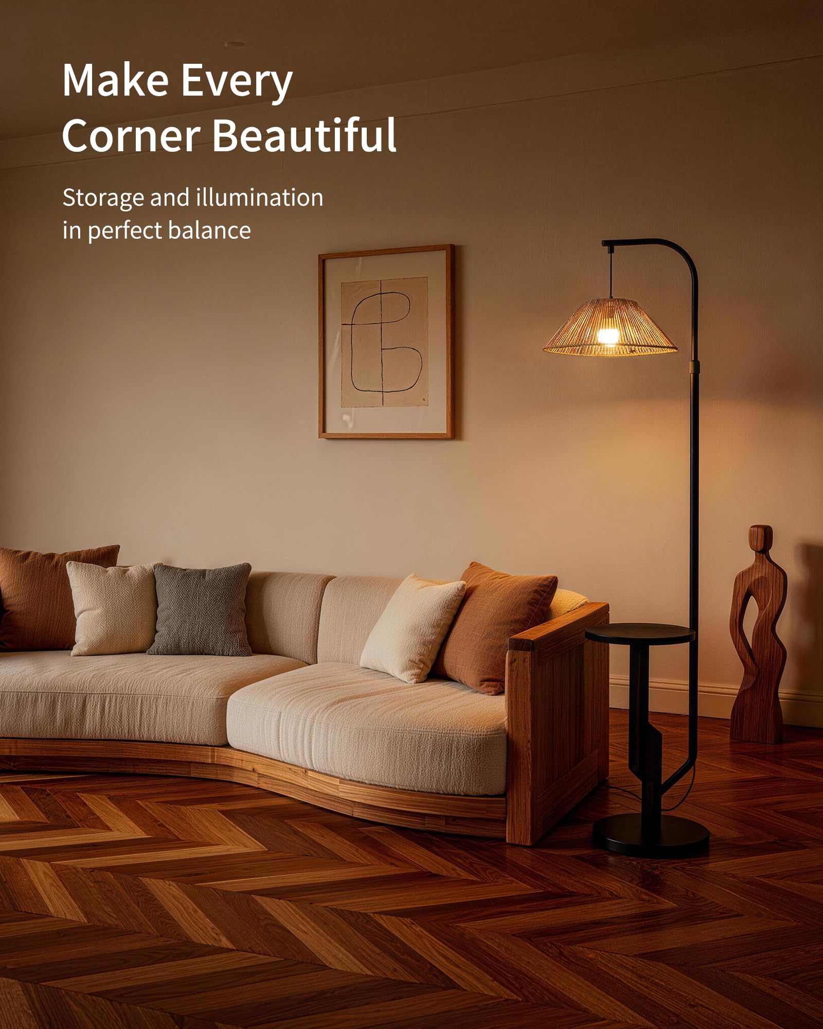 Stehlampe Wohnzimmer Rattan mit Ablage – Boho Stehleuchte E27 mit gewebtem Lampenschirm, 3 Farbtemperaturen einstellbar per Fußschalter, 175cm hoch für Schlafzimmer WOVI FL15