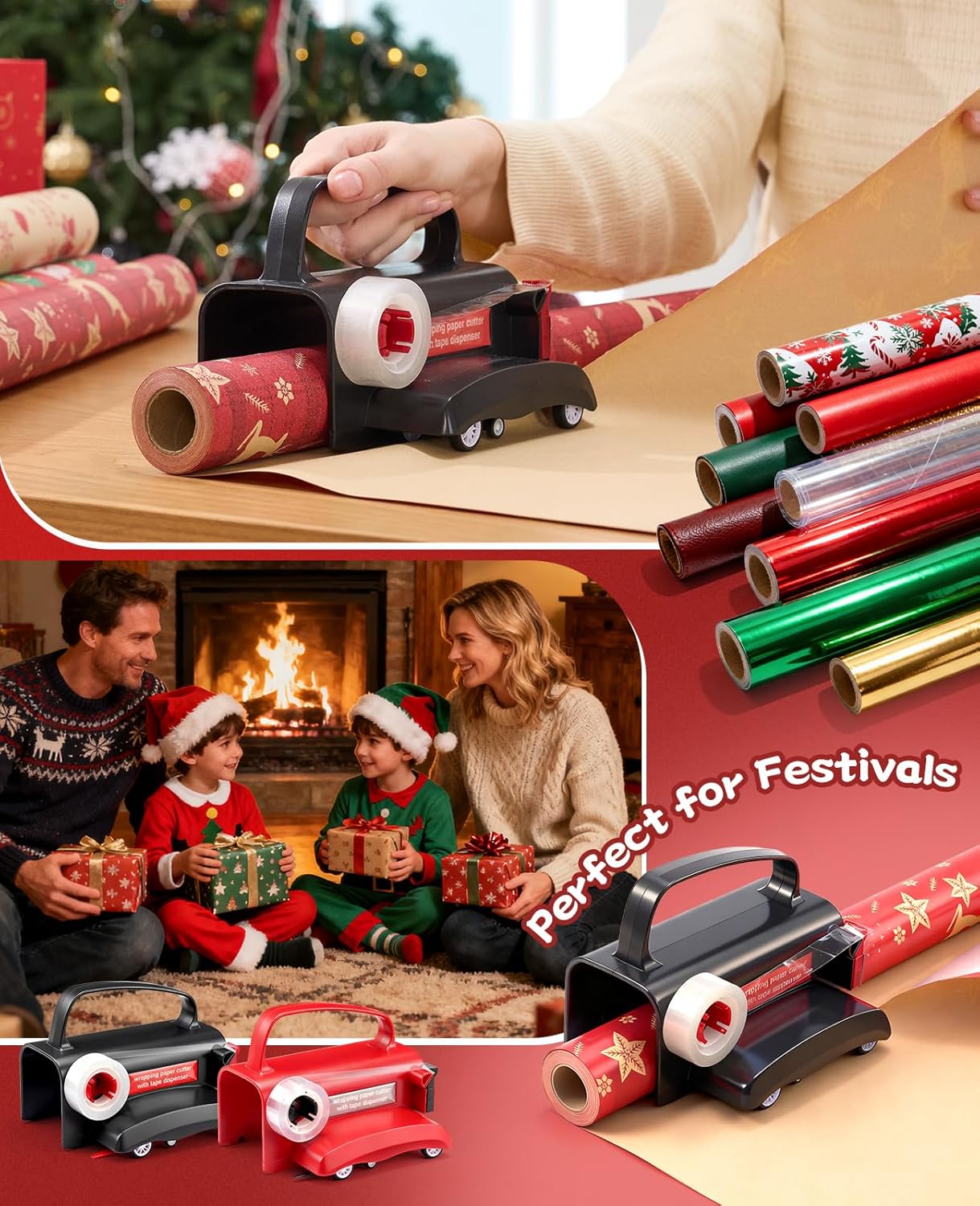 2-Pack Wrapping Paper Cutter with Wheels & Tape Dispenser - Gift Wrap Tool Kit with Replaceable Blades for Christmas, Birthday - Safe, Efficient, and Precise Cutting