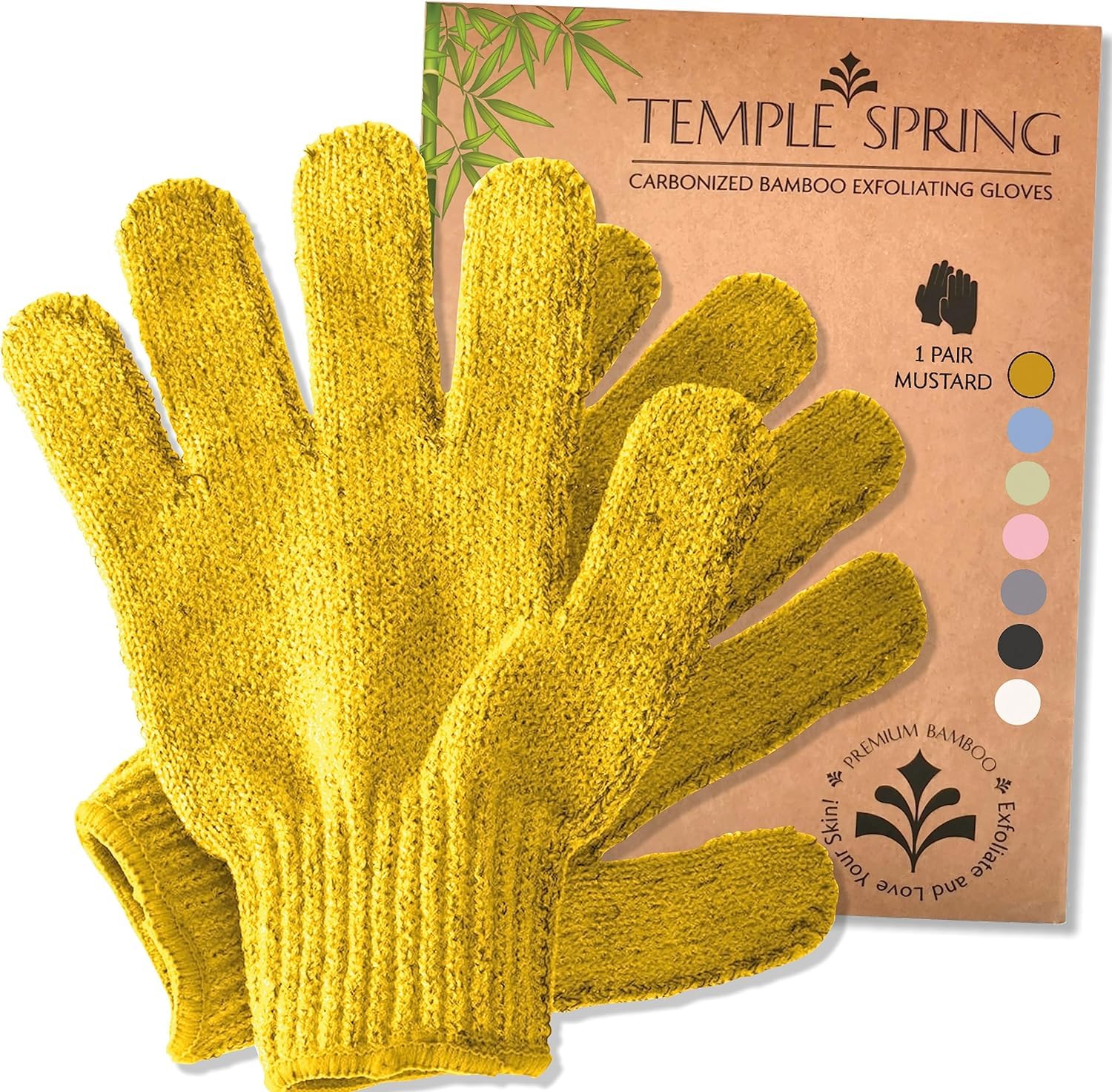 Temple Spring Exfoliating Glove, Carbonized Rayon Bamboo Body Scrubber, Loofah Exfoliating Mitt, Shower Scrubber Wash Cloth, Body Exfoliator Scrub, Loofa Shower Gloves Bath Sponge - Mustard Yellow
