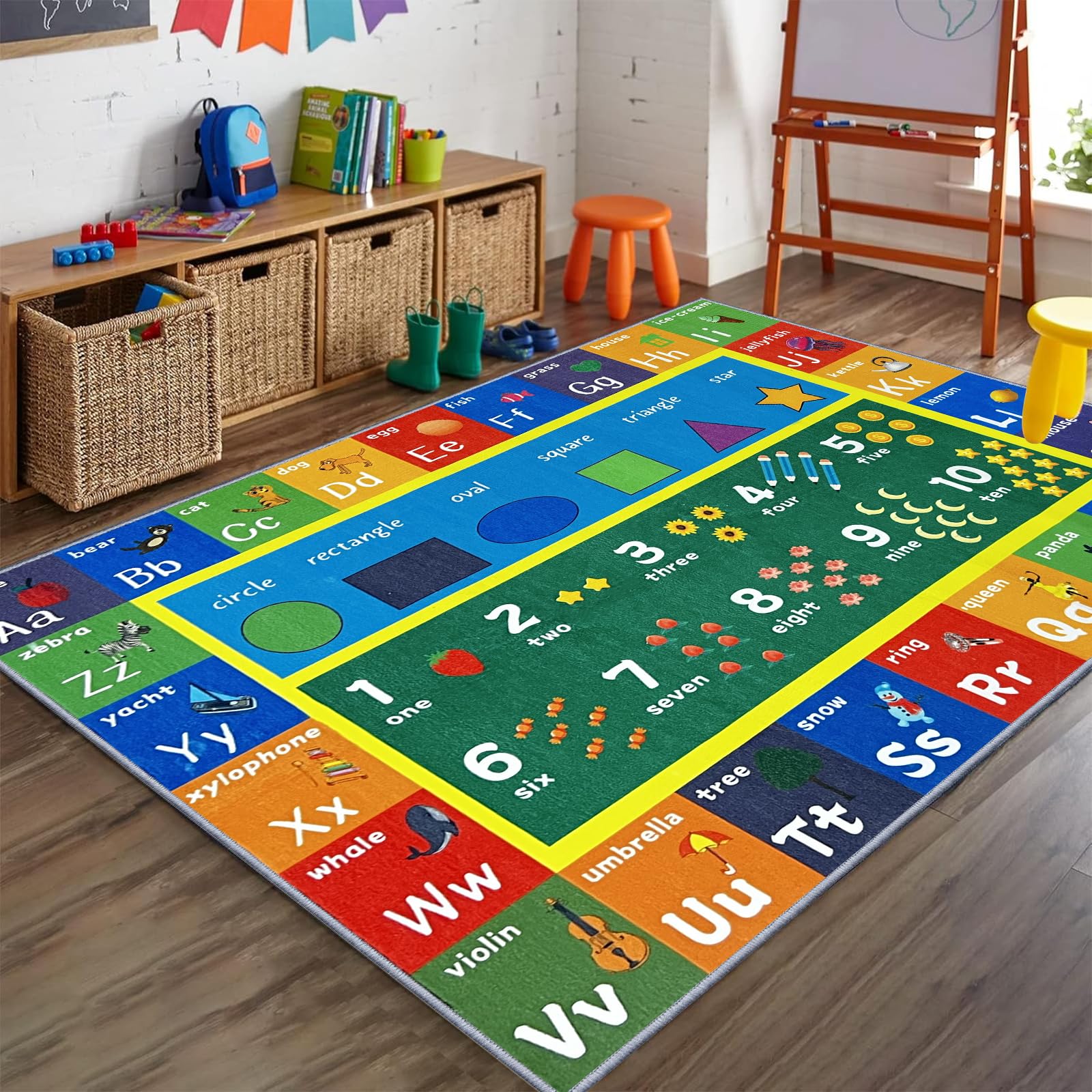 Lernteppich für Kinder, großes ABC-Alphabet und Zahlen, Lernteppich für Spielzimmer und Klassenzimmer, rutschfeste und waschbare Spielmatte, lustige und interaktive Bodenmatte (grünes