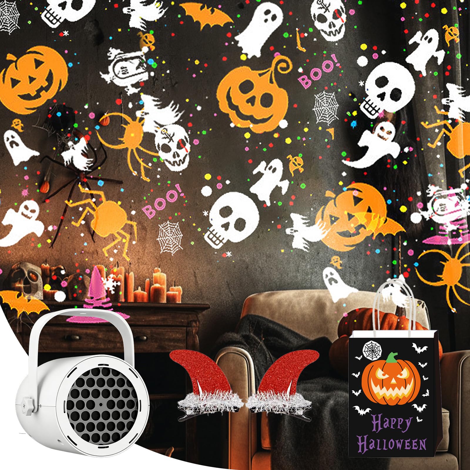 Christmas Projector Light, 16 Slides LED Xmas Projector Lamp, Waterproof Projection Light Snowflake Snowman Christmas Tree Lights for Xmas Party Decorations (White, Halloween Design)