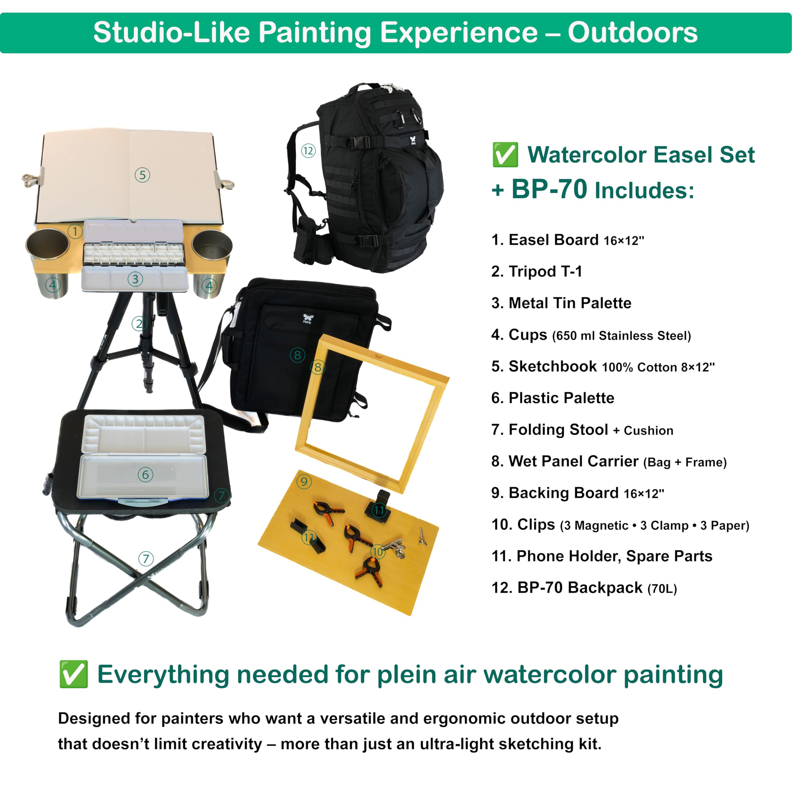 Plein Air - Cavalletto portatile ad acquerello, con zaino BP-70, supporto per pannello bagnato in legno, treppiede e sgabello pieghevole, album da disegno in 100% cotone, 2 tavolozze, tazze