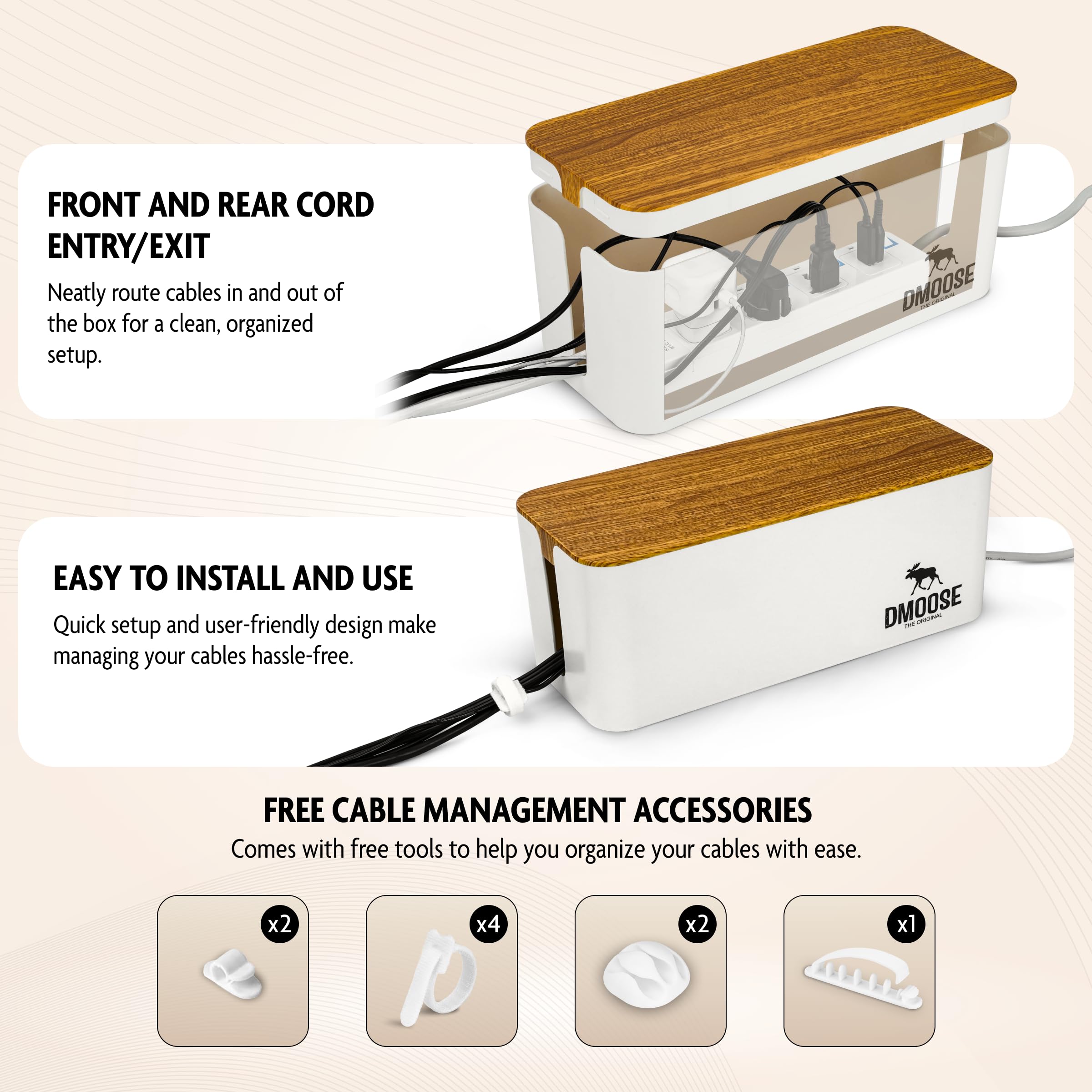 DMoose Cable Management Box - 2 Pack Medium & Large Cord Organizer for Desk & Floor, Cable Organizer Box for Child & Pet - Cable Box Hider for Tidy Office & Home (Wood Print Lid, White Box, Pack of 2) - Image 4
