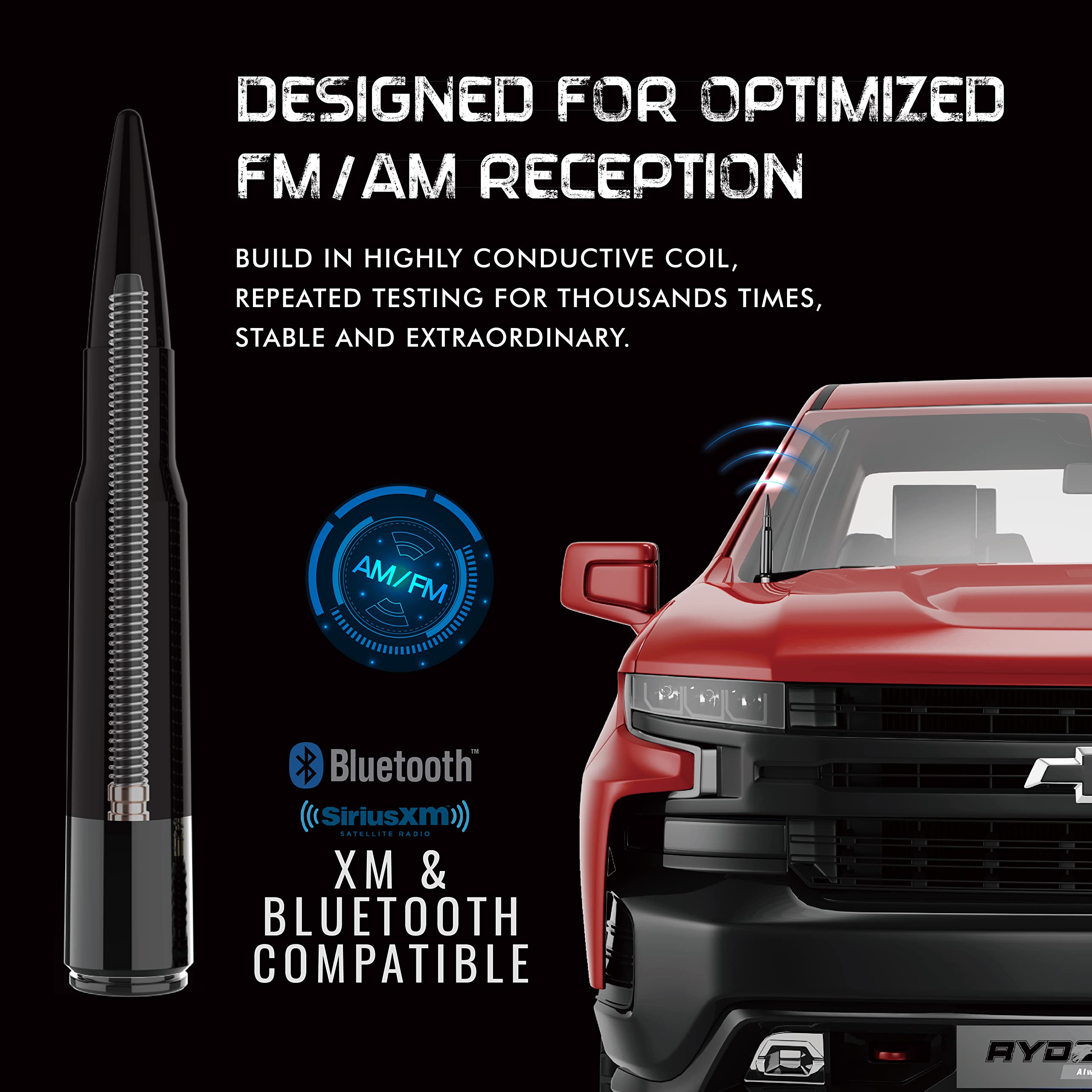 RYDONAIR Short Antenna Compatible with Chevy & GMC Trucks All Years Model, Internal Copper Coil for Enhanced Reception, Car Wash Proof, 50 Cal ABS Antenna Replacement