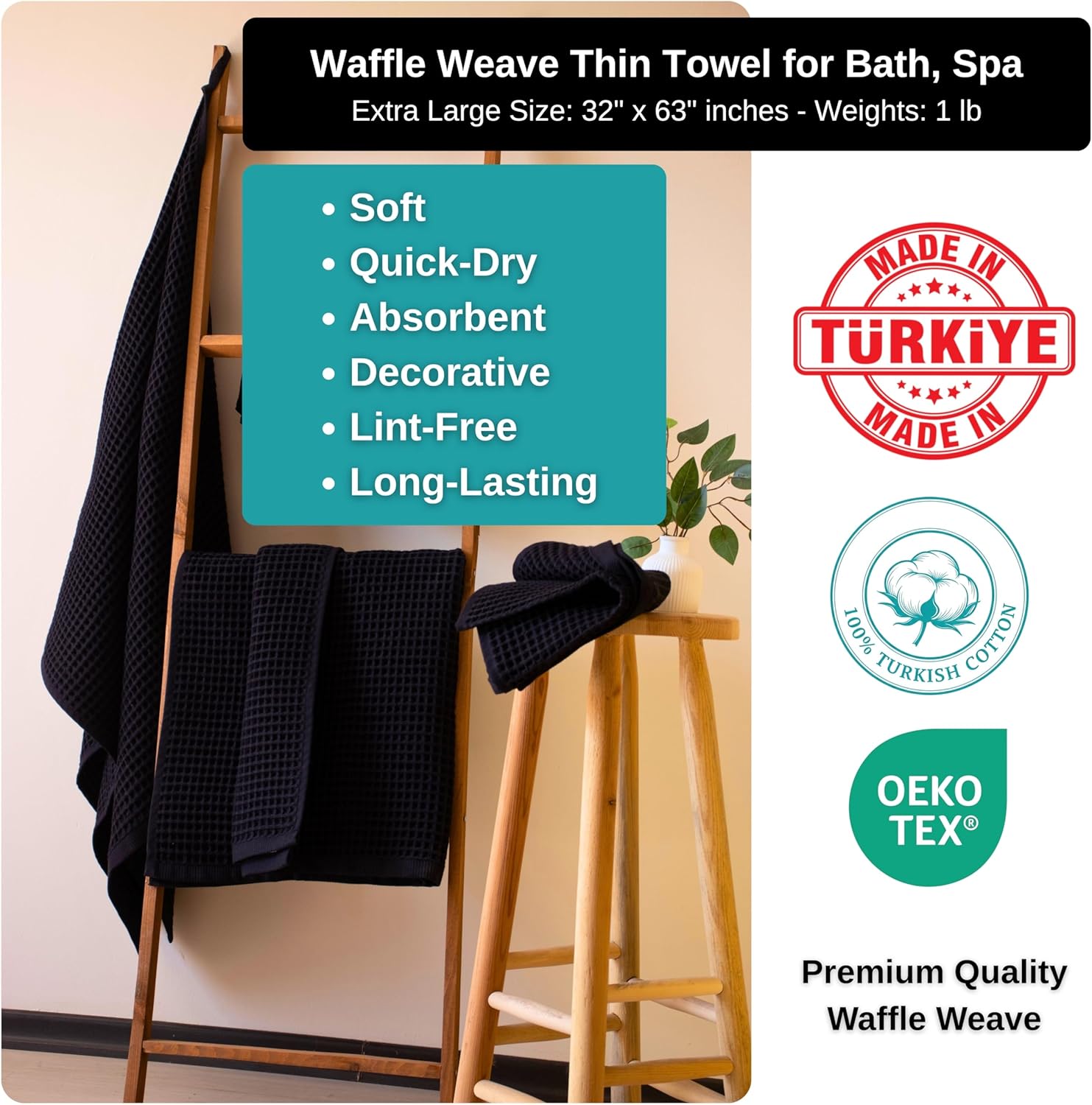 PÜSKÜL Premium Waffle Bath Towels Set of 2 - Organic 100% Turkish Cotton Bath Towel - Quick Dry, Absorbent, Light, Thin, 32x63 Large Waffle Towels for Bathroom (Black Bath Towels - Pack of 2) - Image 3