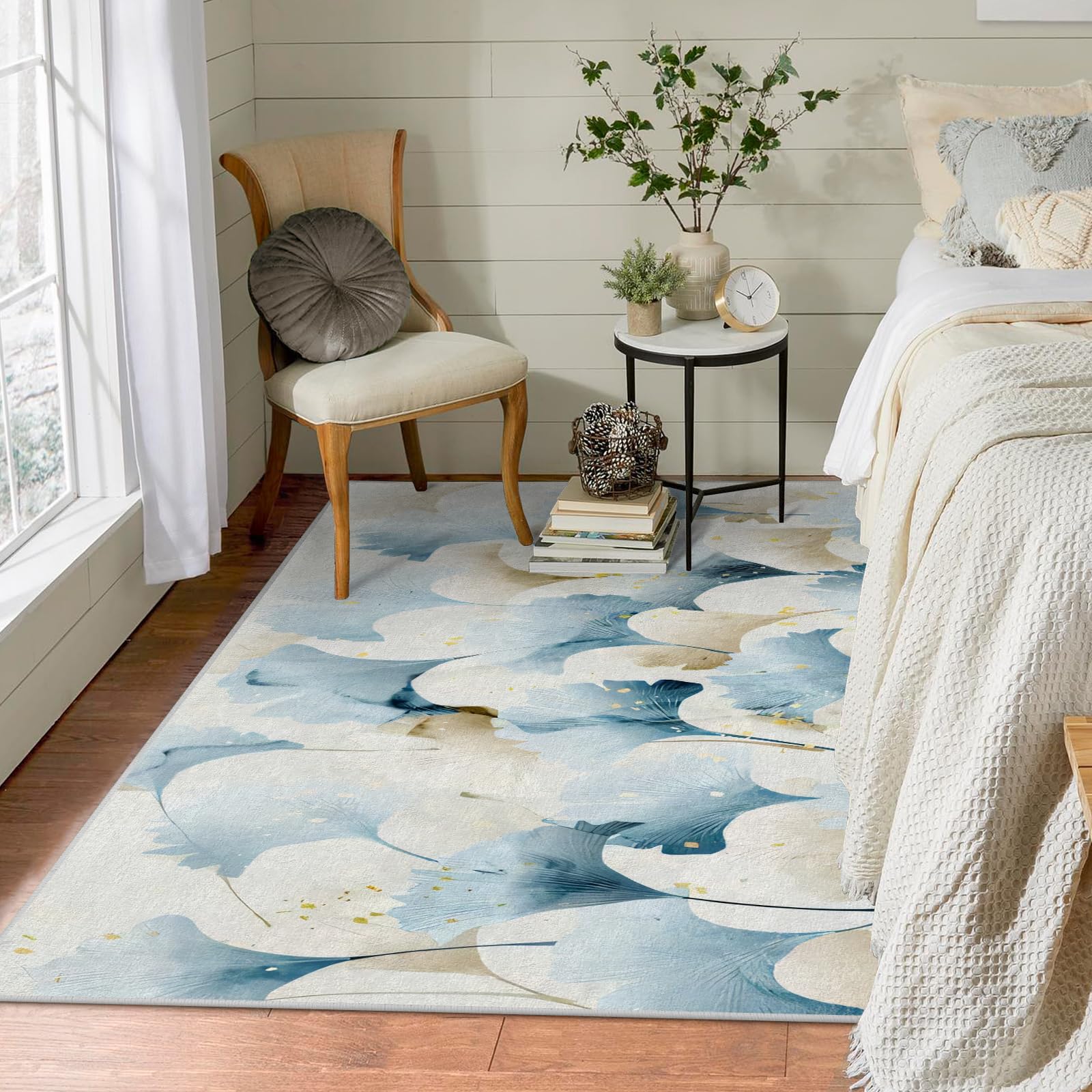 Teppich Quadratisch 150x150 Blaue Blätter Teppich Kurzflor Waschbar in Waschmaschine Ginkgo Biloba Teppich Gegend rutschfest Dünn Saugfähig
