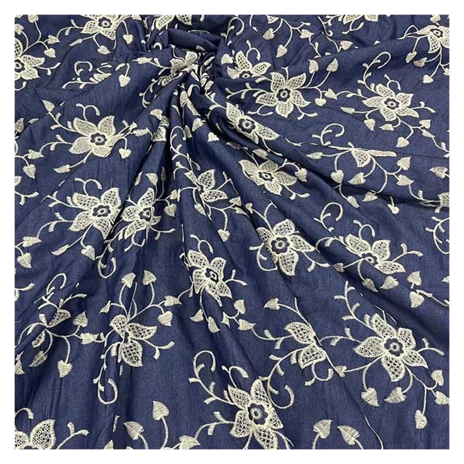Embroidered Washed Denim Fabric Blue for Dressmaking