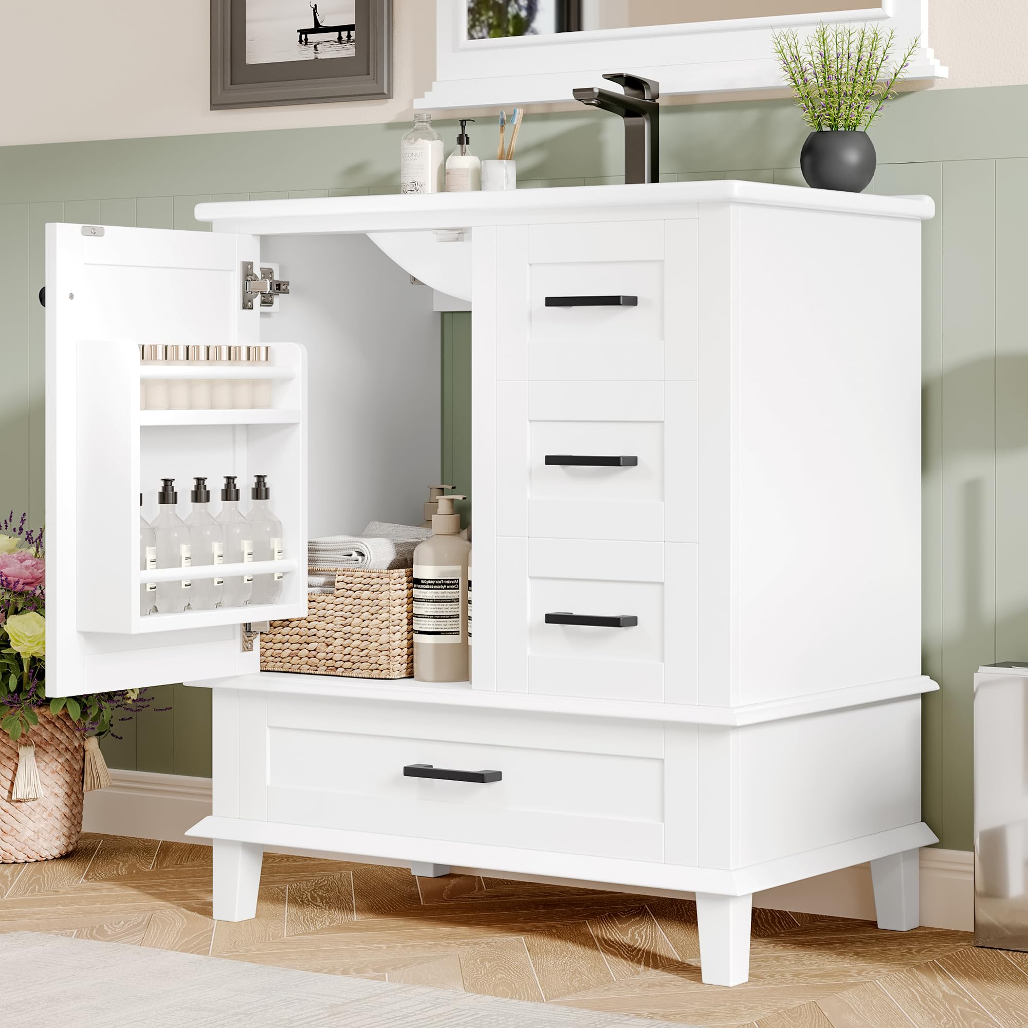 Mueble de Baño de Pie con Lavabo, 76 x 46 x 83,5 cm, Completamente Lacado, Estantería para Puerta, Tres Cajones Silenciosos, Lavabo de Cerámica Integrado, Color Blanco