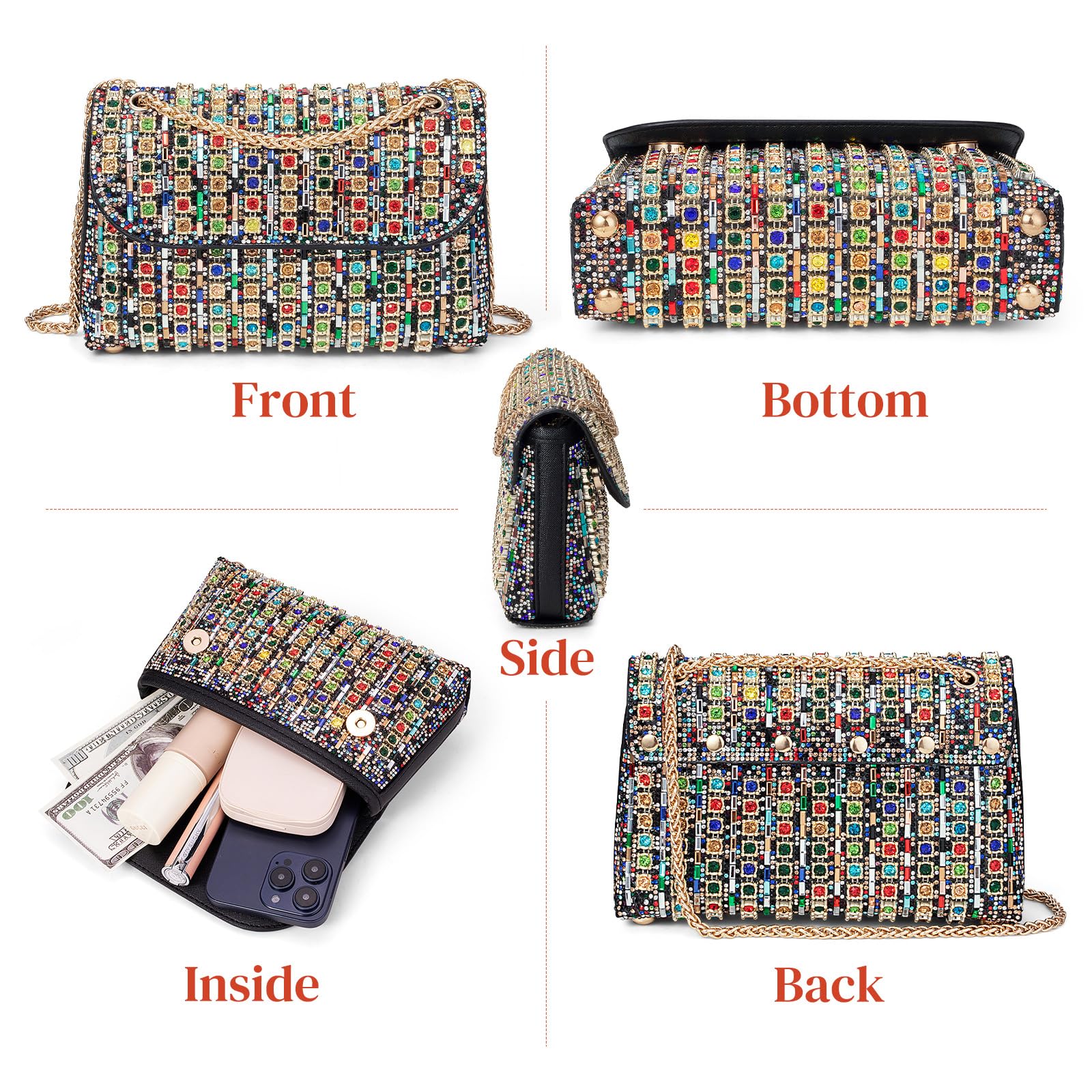 Gets Sparkly Rhinestones Clutch Purses for Women Purses and Handbags for Wedding Party Evening Crossbody Bag with Chain (1-Multi-Colored)