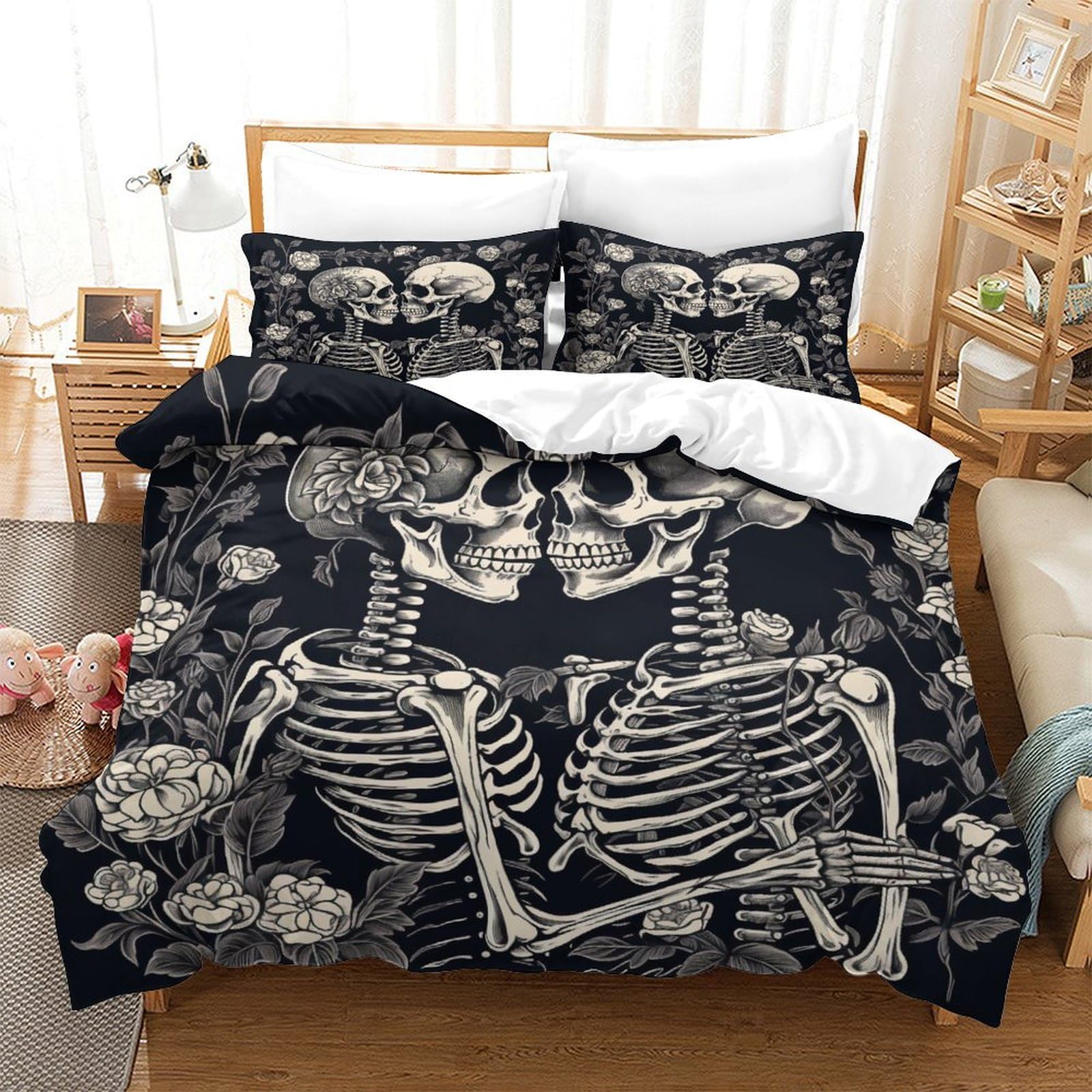 P1S9U7W5Y 3D Printed Romantic Skeleton Duvet Cover Set 3pcs Microfiber Floral Skull Bedding Set Double
