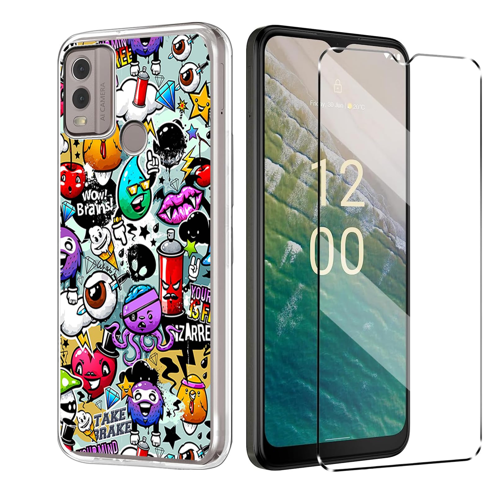 [2 in 1] Case Compatible with NOKIA C32 Cover with 1 Pack Tempered Glass Screen Protector for NOKIA C32, Slim Fit Soft TPU Shockproof Anti-Scratch Phone Case Cover - scrawl Multicolor