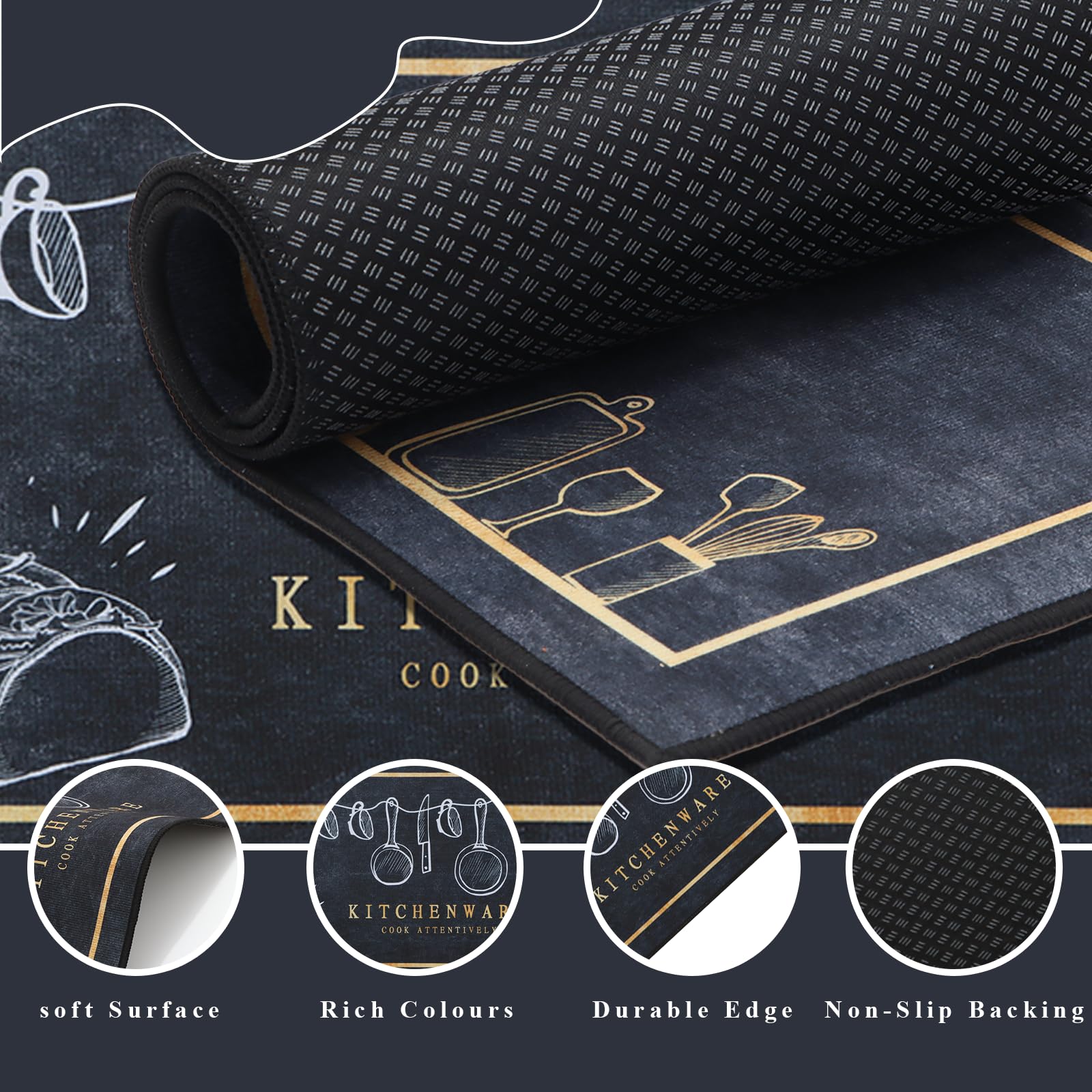 Juego de alfombras de Cocina,2 Piezas Antideslizantes Lavables Alfombrillas de Cocina y alfombras Runner Set,Lavable alfombras de Piso,Negro,40x60+40x120cm