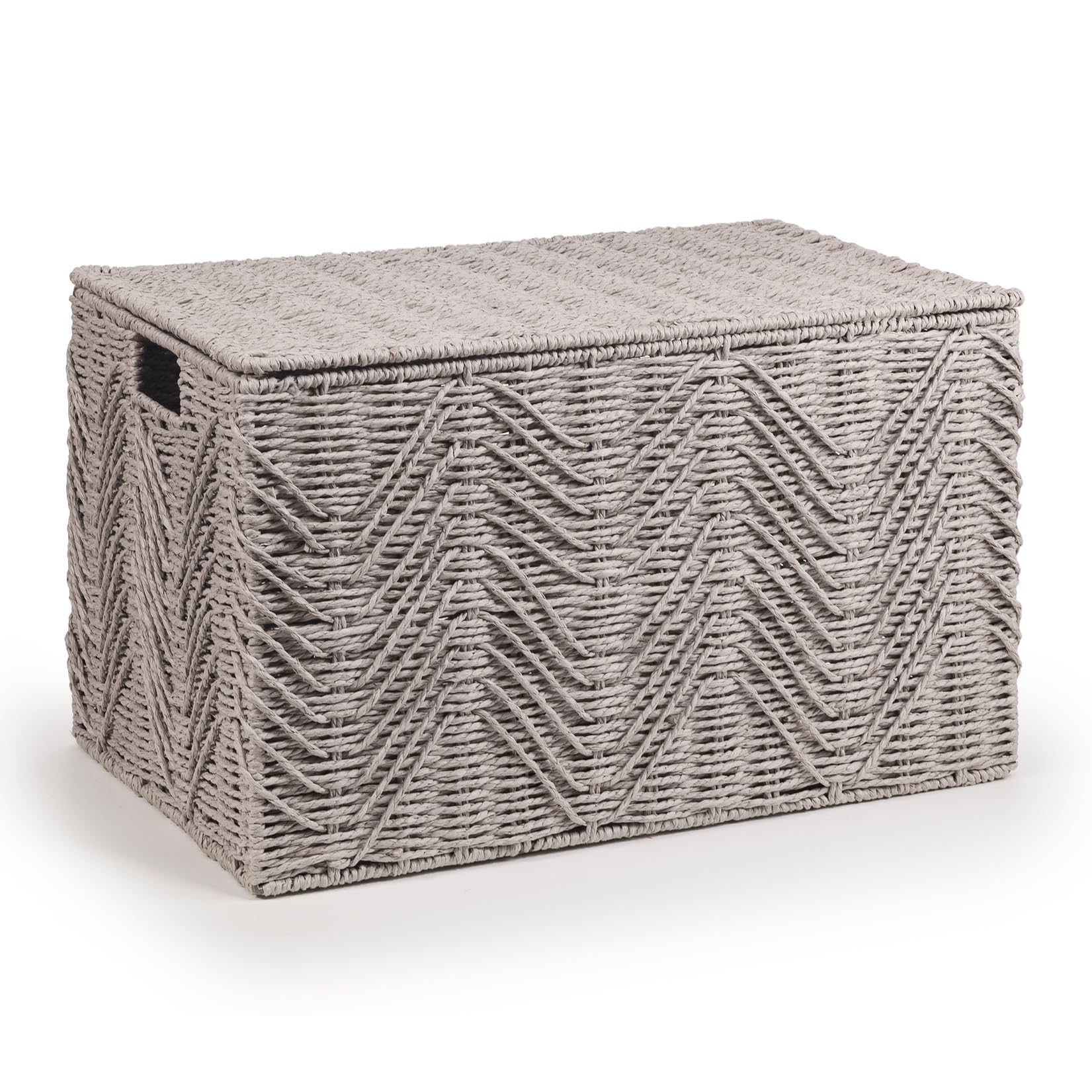 woodluv Storage Basket Trunk Chest, Woven Storage Basket with Lid, Storage organiser, Basket Storage Bedding, Blanket & Toy Box, Medium - Grey