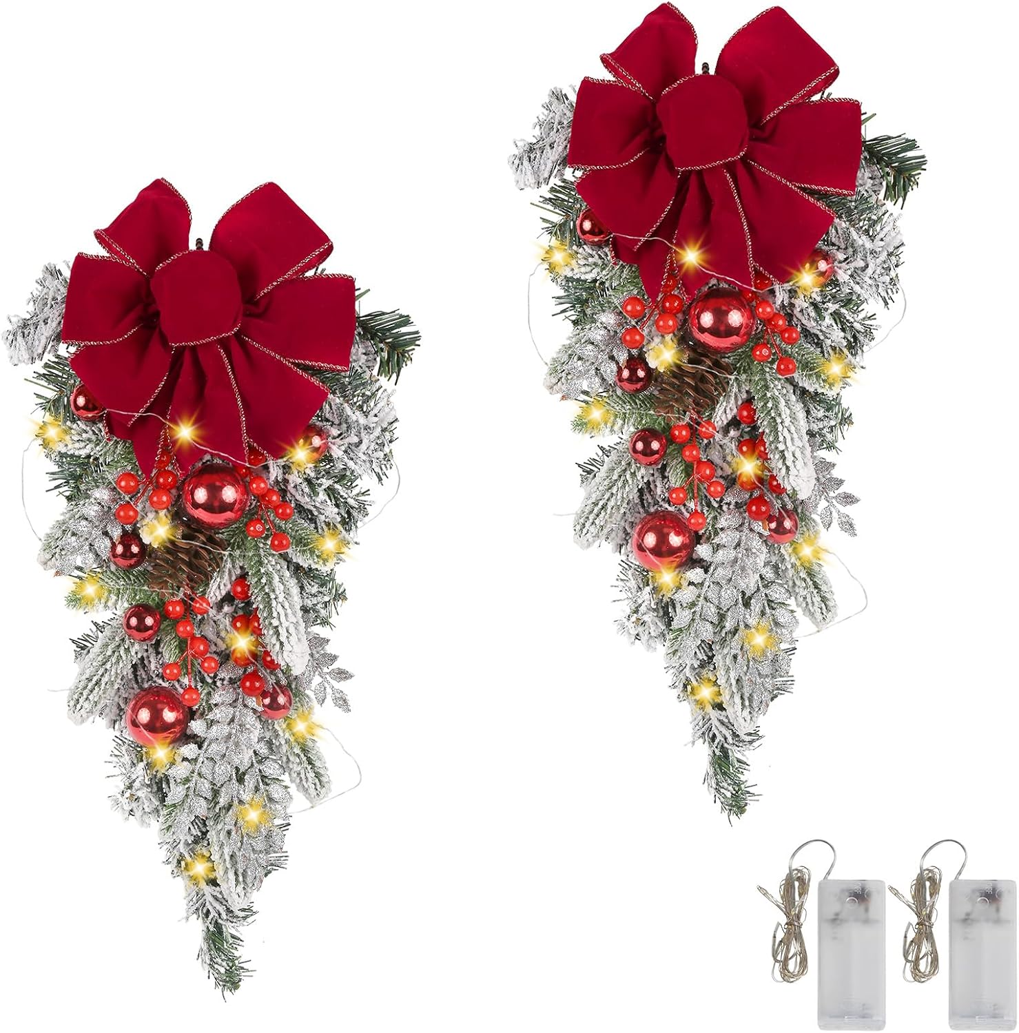 2pcs Christmas Teardrop Swags, 24" Stairway Swag with Lights, Artificial Teardrop Christmas Wreath for Xmas Door Table Mantel Fireplace Indoor Outdoor Decorations (Red)