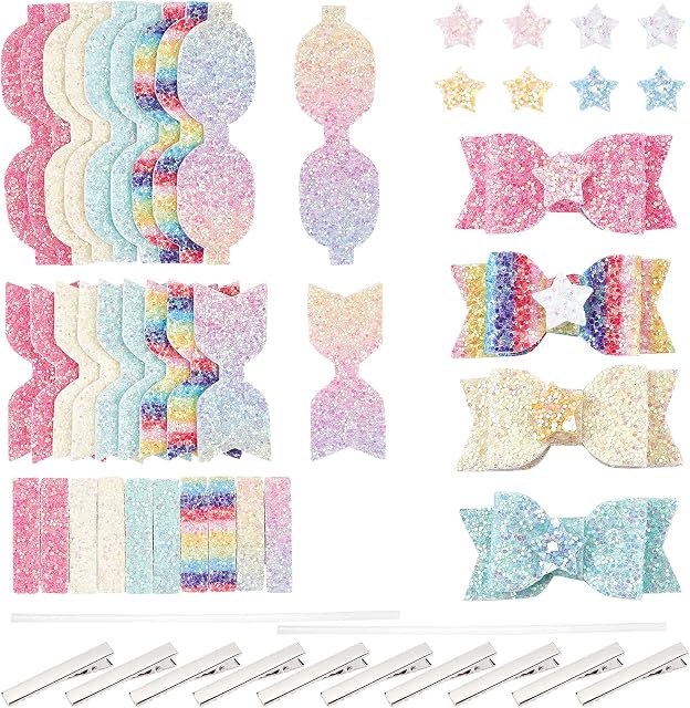 NBEADS 20 Sets Faux Leather Bows Making Kit, Pre Cut Pieces Glitter Fabric with 20 Pcs Iron Alligator Hair Clips 2 Pcs Glue Stick for DIY Hair Accessories Gifts
