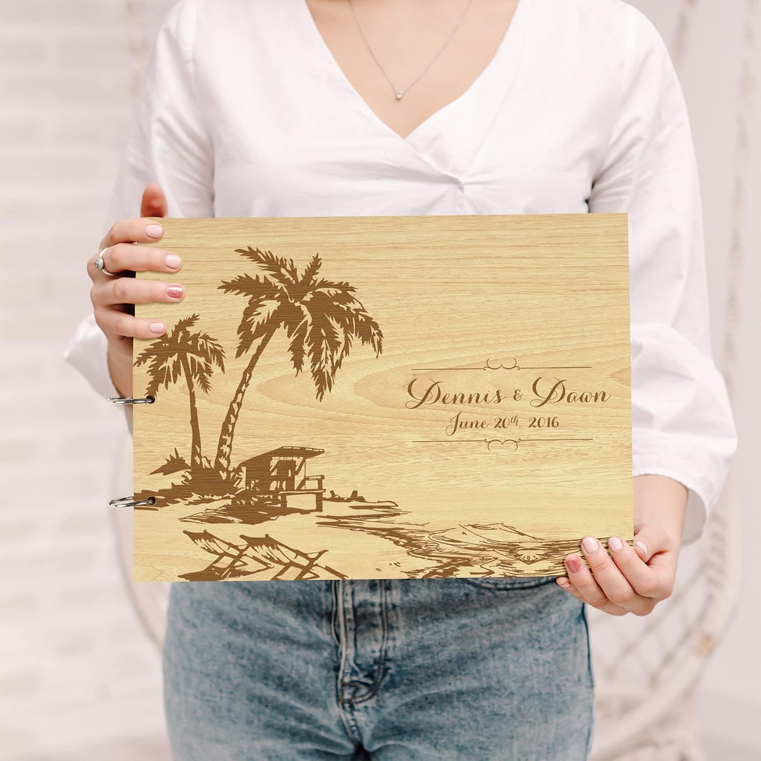 Darling Souvenir Personalized Engraved Laser Cut Wedding Guest Book Wooden Cover Sign-in Book Registry Guestbook Scrapbook-M8
