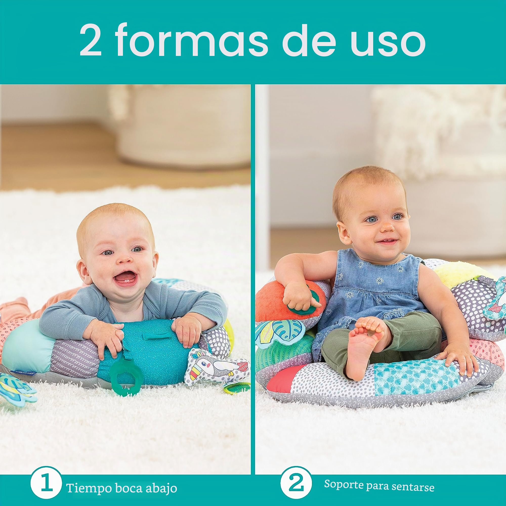 Infantino - 2-in-1 Tummy Time y Apoyo para Sentarse - Cojín para Recién Nacidos y Bebés Mayores - Juguetes Desmontables - Desarrollo de los Músculos del Cuello - Multicolor