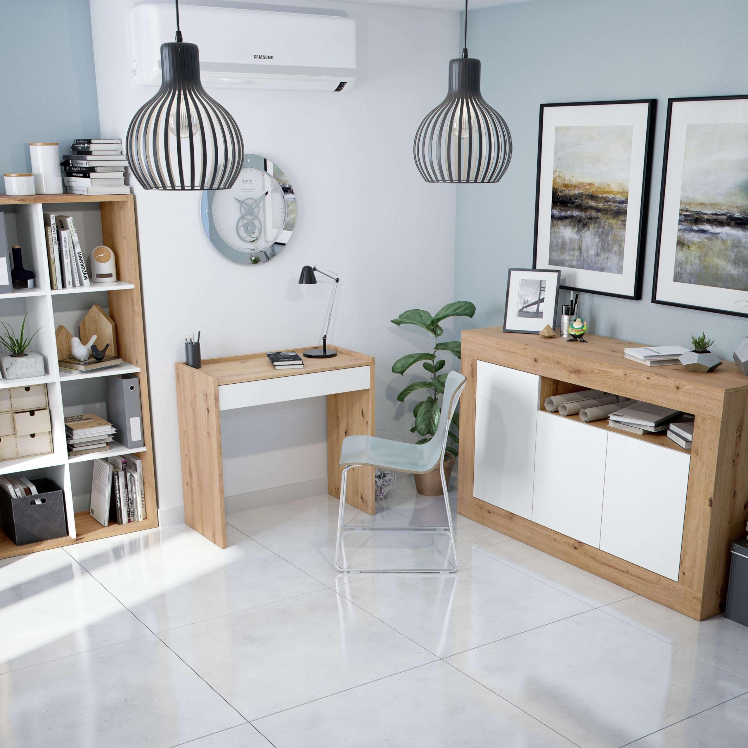 Habitdesign Aparador 3 Puertas, Buffet para Salon, Armario Auxiliar, Modelo Baltik, Acabado en Color Blanco Artik y Roble Nodi, Medidas: 144 cm (Ancho) x 87 cm (Alto) x 42 cm (Fondo)