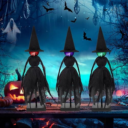KOITHE Halloween Decorations Indoor, Set of 3 Primitive Witch with Hats, Spooky Halloween Witch Figurines with 3 LED Colors for Mantel, Shelf & Tabletop Decor Collectible Figurines