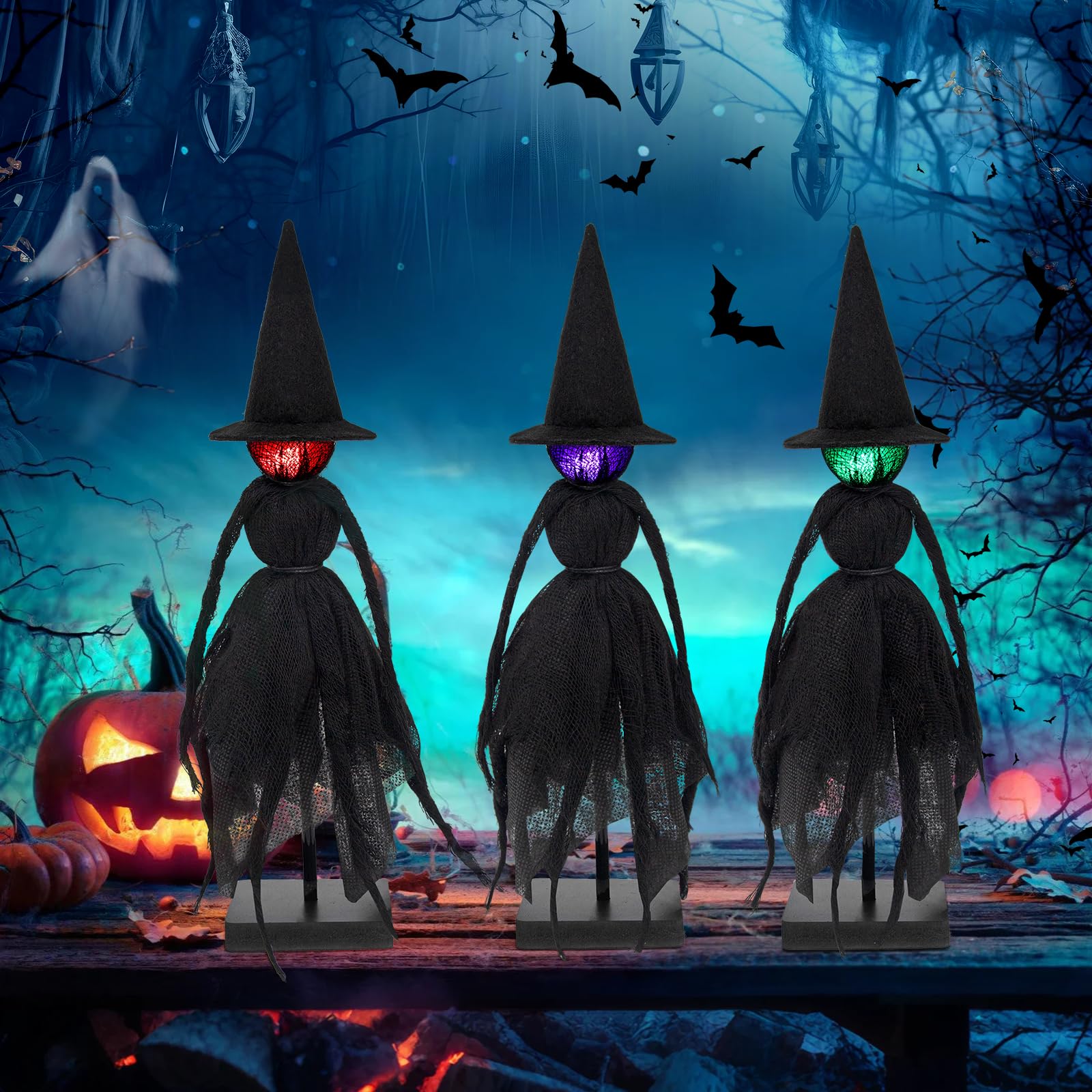 KOITHE Halloween Decorations Indoor, Set of 3 Primitive Witch with Hats, Spooky Halloween Witch Figurines with 3 LED Colors for Mantel, Shelf & Tabletop Decor Collectible Figurines