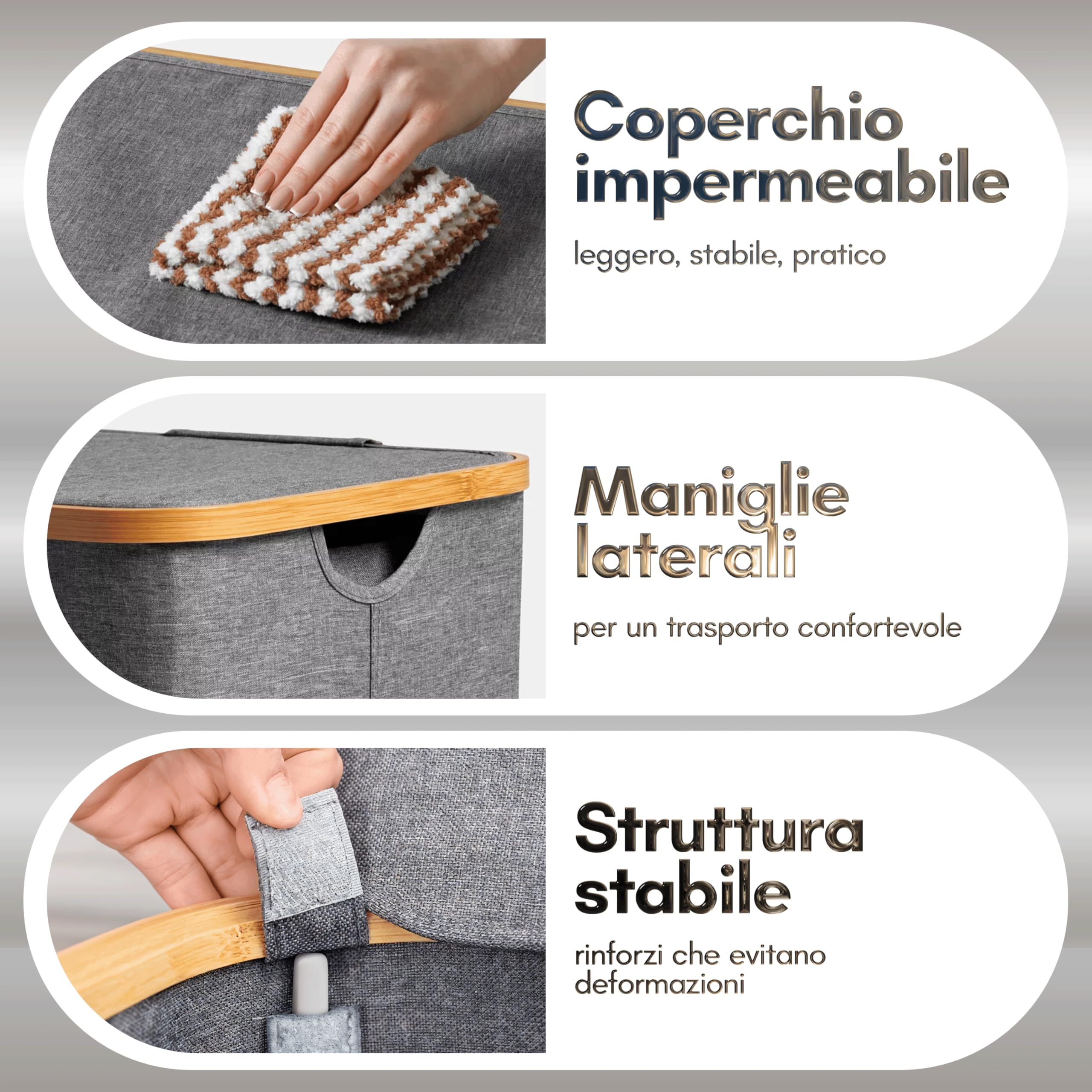 Cesto portabiancheria con coperchio, contenitore bucato con 2 scomparti, 100 litri, stretto e alto, tessuto Oxford, struttura stabile, grigio