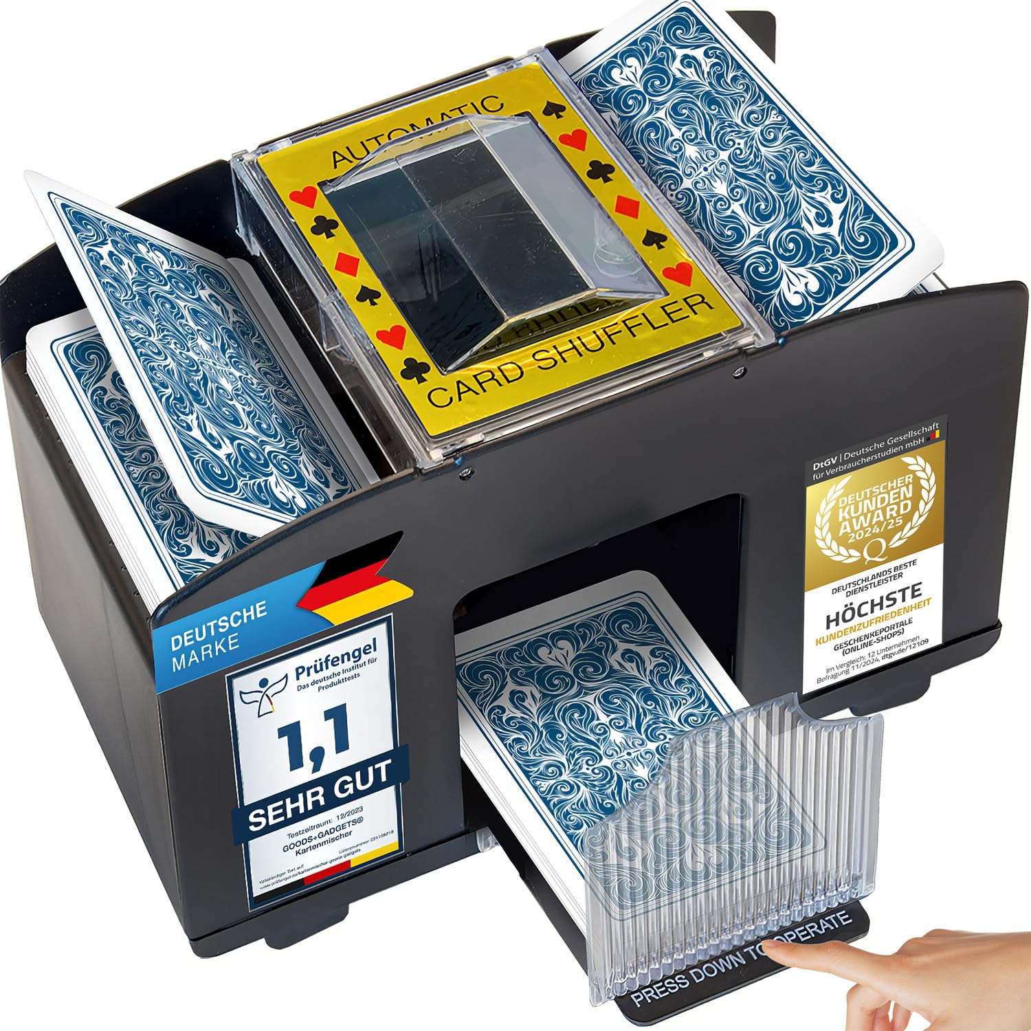 Electric card shuffler, Automatic XXL card mixer for 4 decks; Battery operated for all playing cards up to 90 mm.