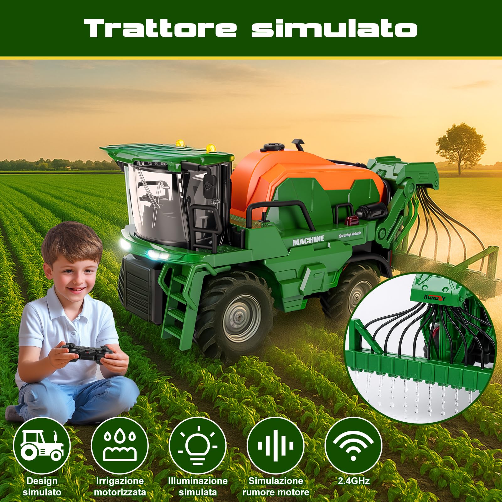 Ulikey Trattore Telecomandato per Bambini, Trattore Elettrico Giocattolo con Irrigazione, Luci e Suoni, Fattoria Camion Telecomandato Giocattoli per Bambini di 3, 4, 5, 6, 7 Anni